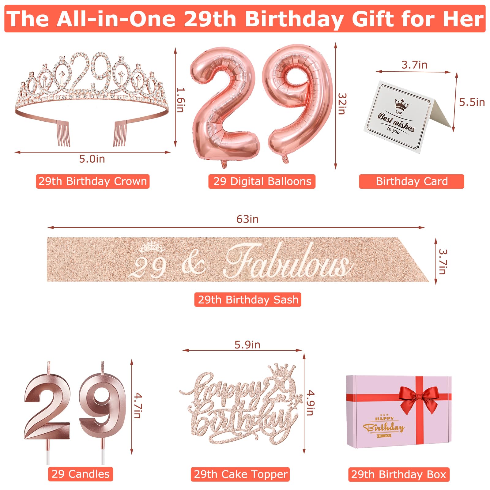 29Th Birthday Decorations For Women Including Birthday Sash, 29Th Tiara For Women, Candles And Cake Toppers, Number 29 Balloons,