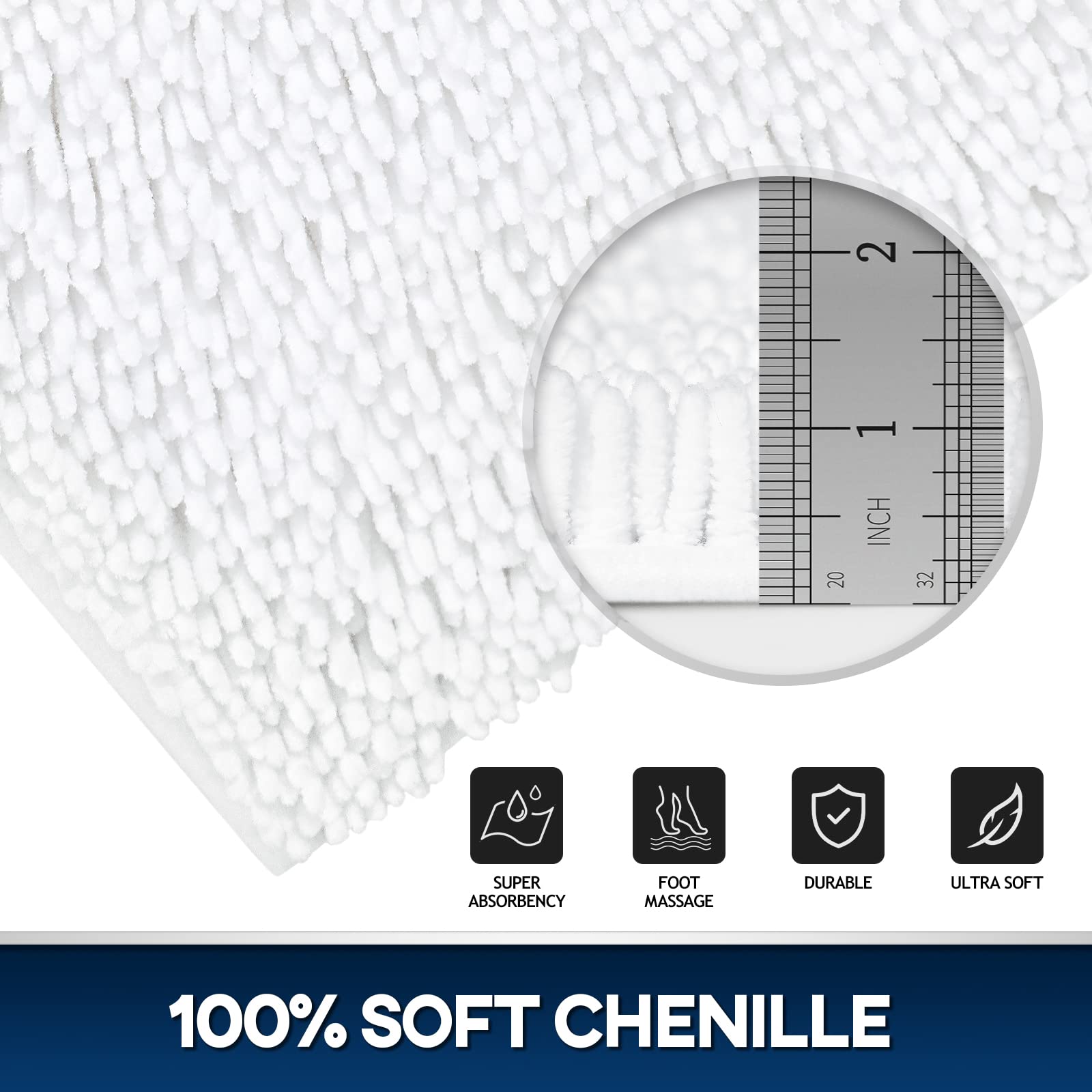 TREETONE Chenille Bath Mat 3 Piece Bathroom Rugs Set  20x20 Inchs U-Shape Contoured Toilet Mat & 20x32 Inchs Rug & 1 Lid Cover Soft Water Absorbent Plush Rugs for Tub Shower & Bath Room -White