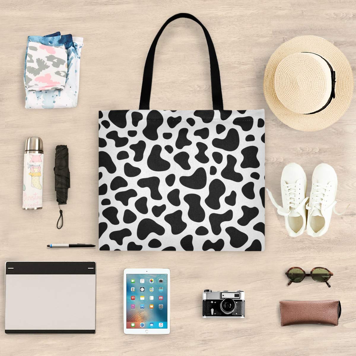 Visesunny Women 'S Large Canvas Tote Shoulder Bag Cow Spot Top Storage Handle Shopping Bag Casual Reusable Tote Bag For Beach,Tr