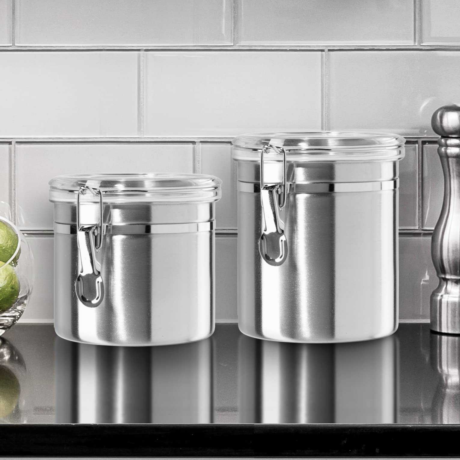 Oggi 36-Ounce Stainless Steel Canister With Clear Acrylic Lid And Locking Clamp