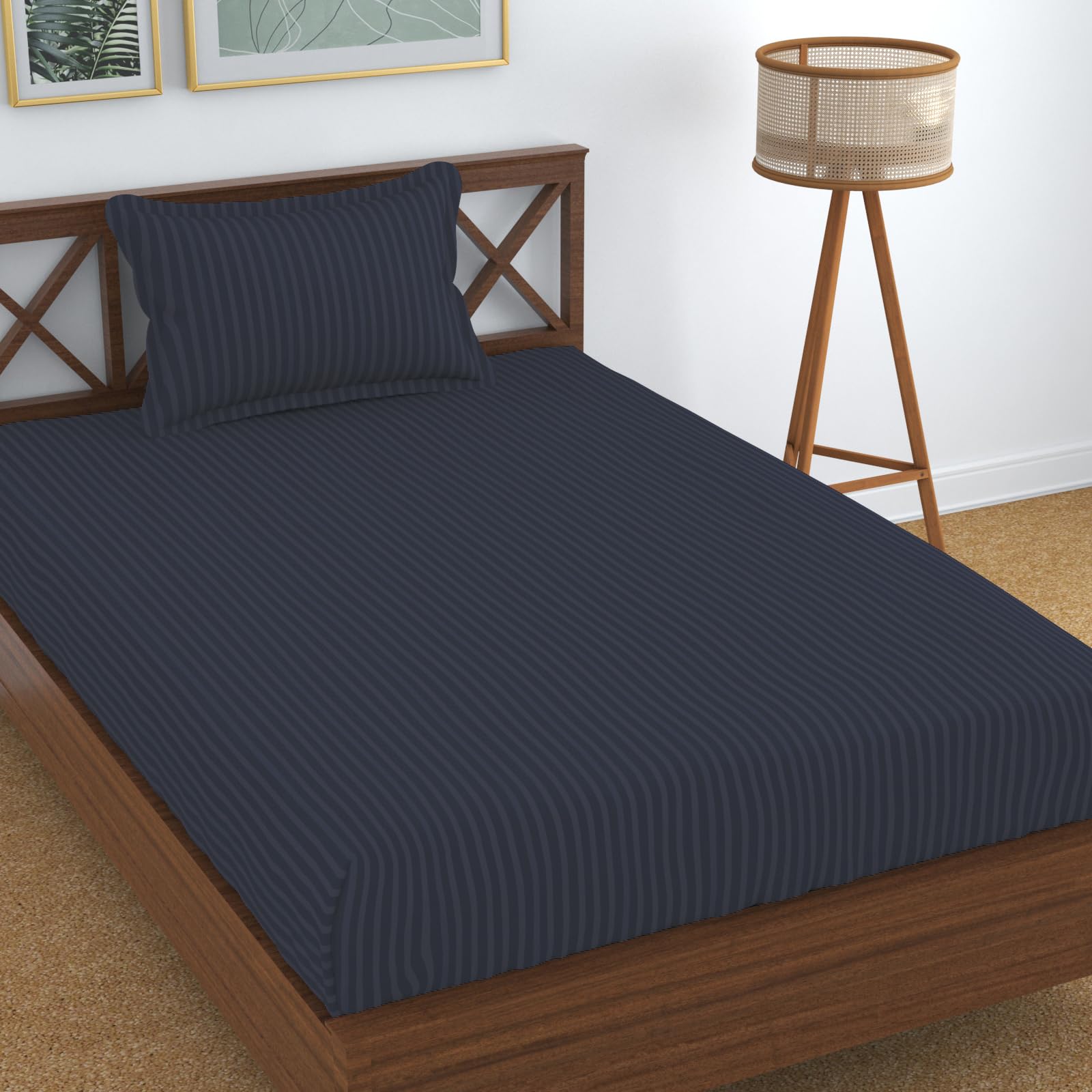 Homefab India 160 Tc Stripe Glace Cotton Single Bedsheet With 1 Pillow Cover - Grey