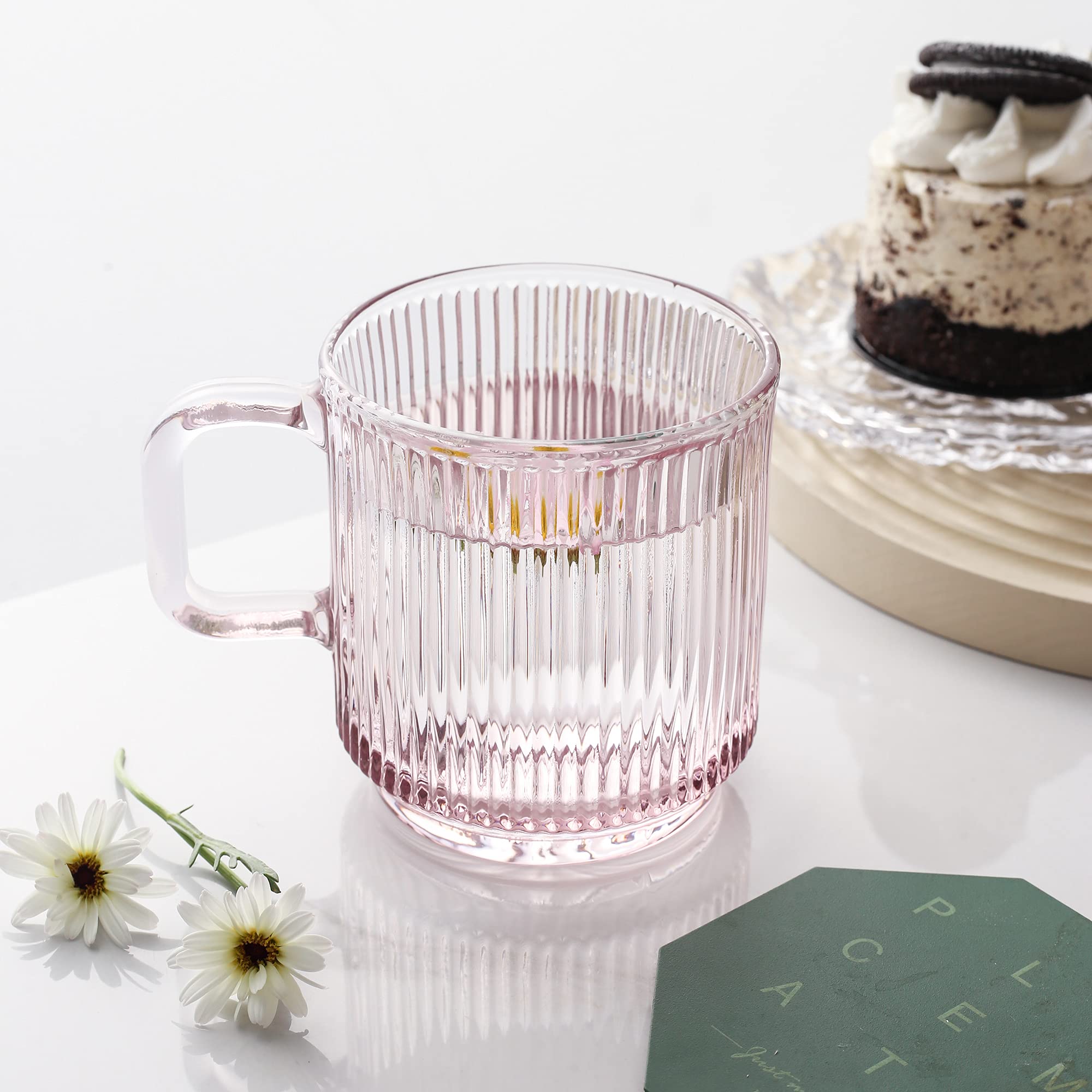 Lysenn Pink Glass Coffee Mug With Lid - Premium Classical Vertical Stripes Glass Tea Cup - For |Latte|Tea|Chocolate|Juice|Water|