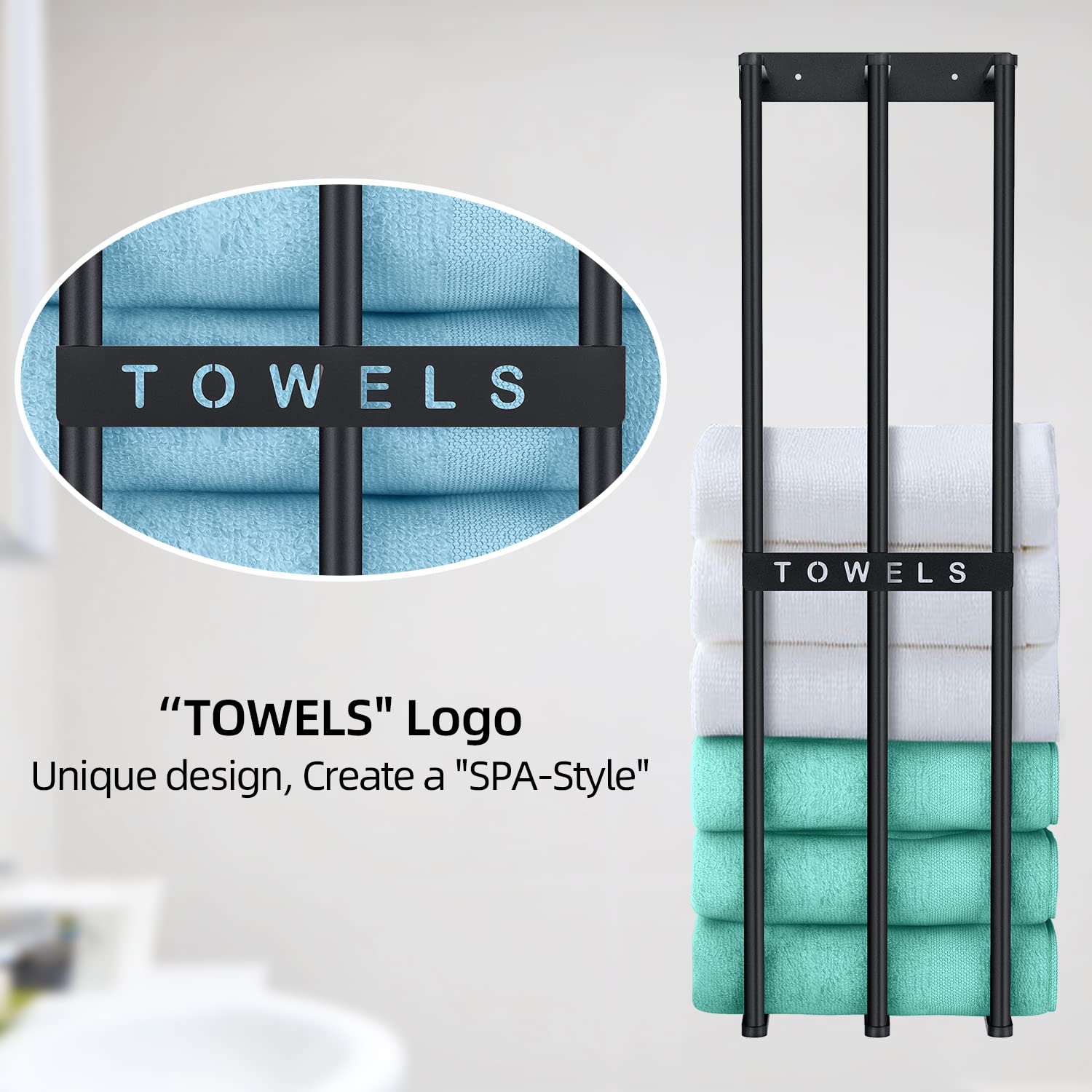 Bethom Bathroom Towel Rack, 3-Bar Metal Wall Storage for Rolled Towels, Holds 6 Bath Towels, Black, Model BE22203-WTR-B
