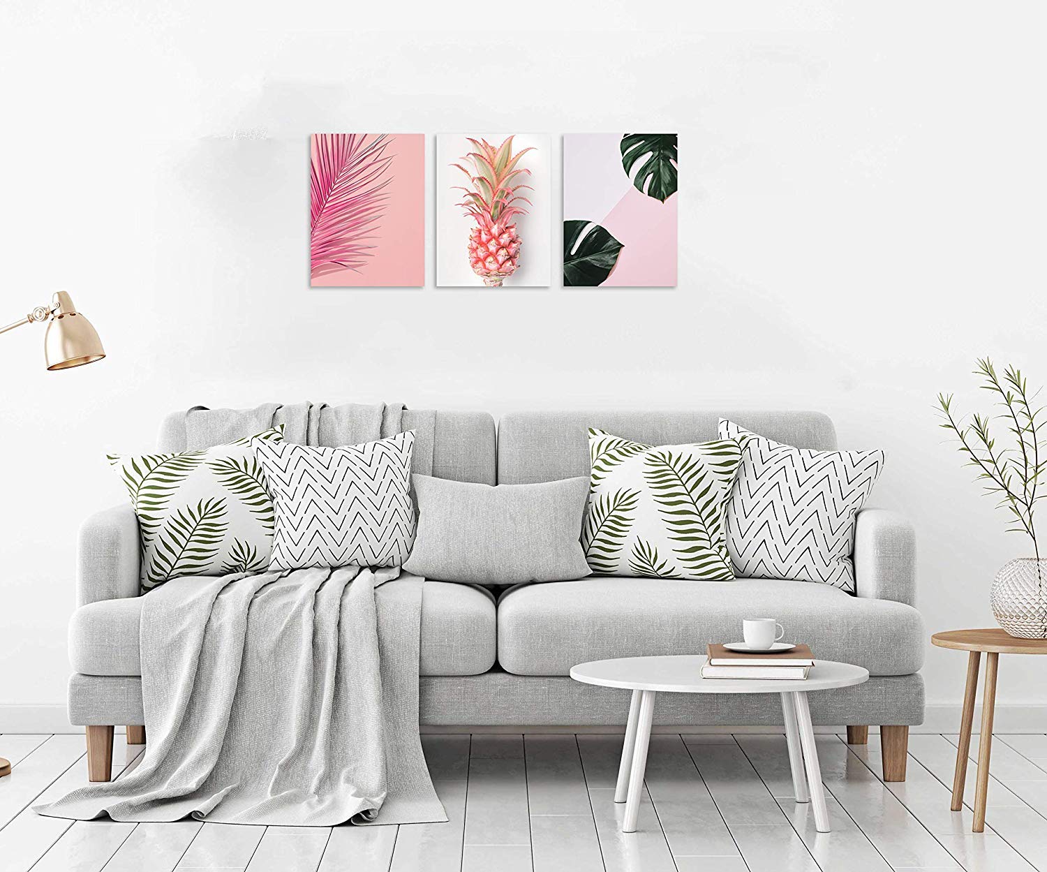 Tutubeer Plant Wall Art With Pink Pineapple At Pink Background Tropical Wall Decor Green Plant Art 12'' X 16'' X 3 Pieces Canvas