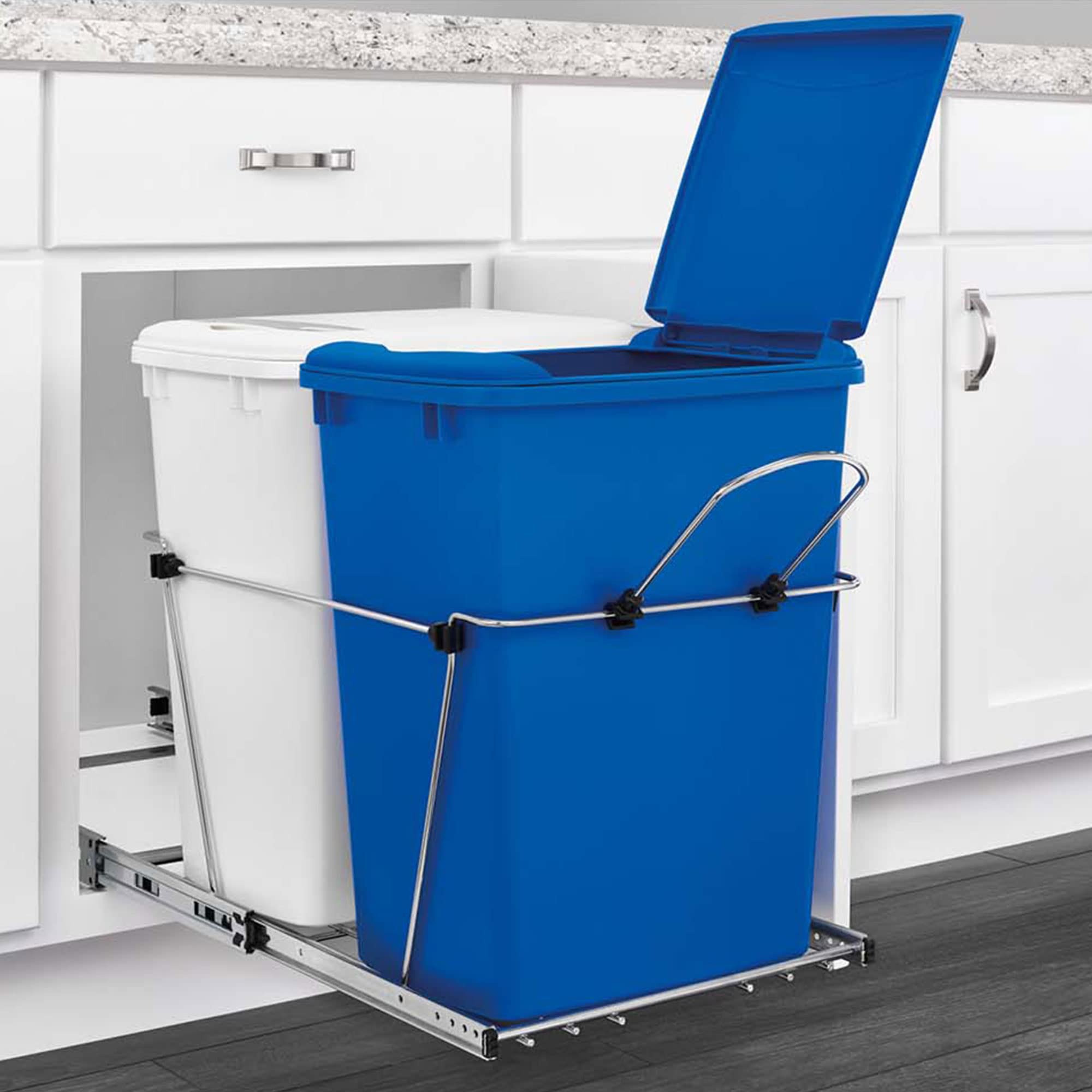 Rev-A-Shelf Double Pull Out Trash Can For Under Kitchen Cabinets 35 Qt 12 Gal Garbage Recyling Bin On Full Extension Slide, Blue
