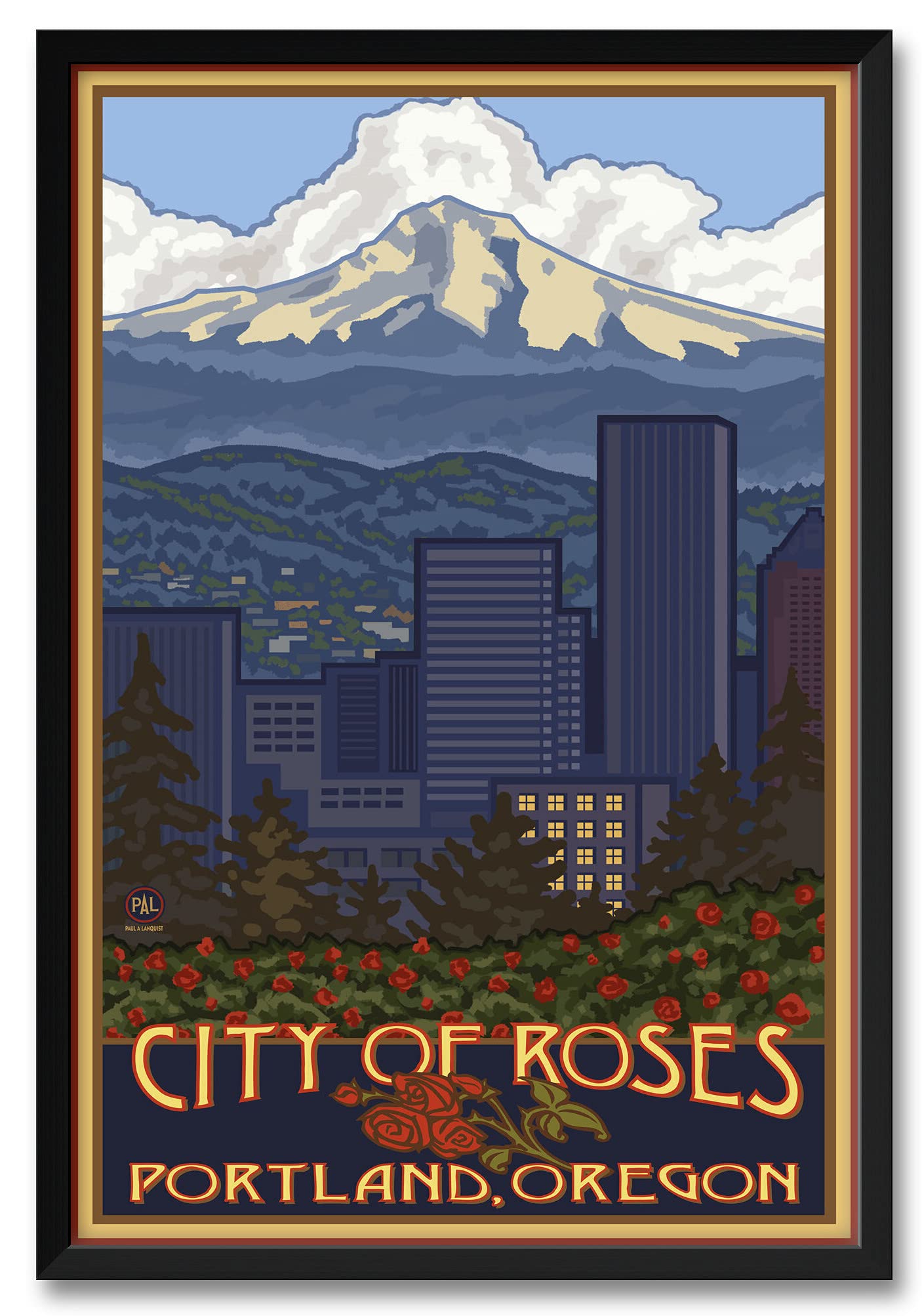 Portland Oregon Skyline Professionally Framed Art Print From Travel Artwork By Artist Paul A. Lanquist Framed Art Size: 32'' X 4