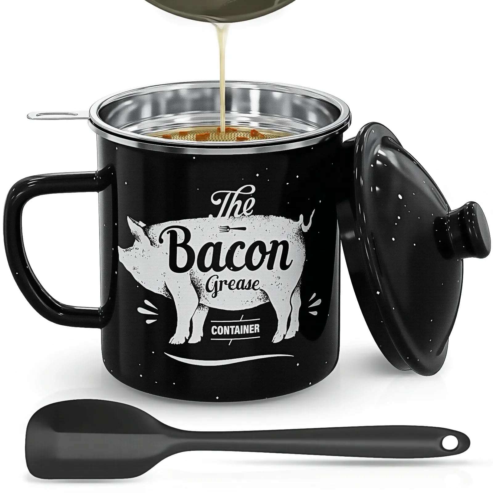 Bacon Grease Container With Strainer, 46OZ Large Enamel Grease Container, With Silicone Spatula, Farmhouse Bacon Grease Keeper, 