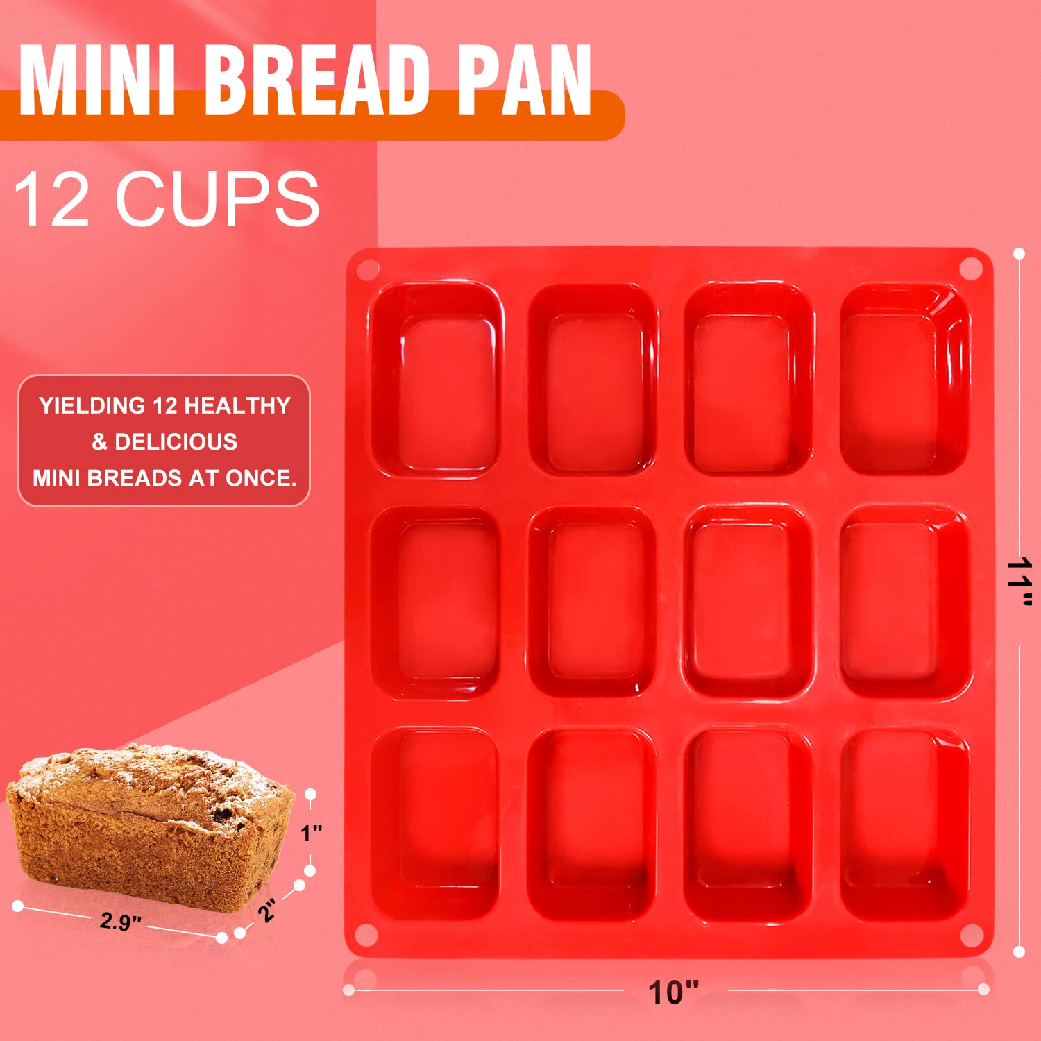 Silicone Mini Loaf Pan, Walfos 12 Cavities Mini Bread Pan Brownie Pan, Food Grade & Non-Stick, Ideal For Mini Bread, Brownie, Co