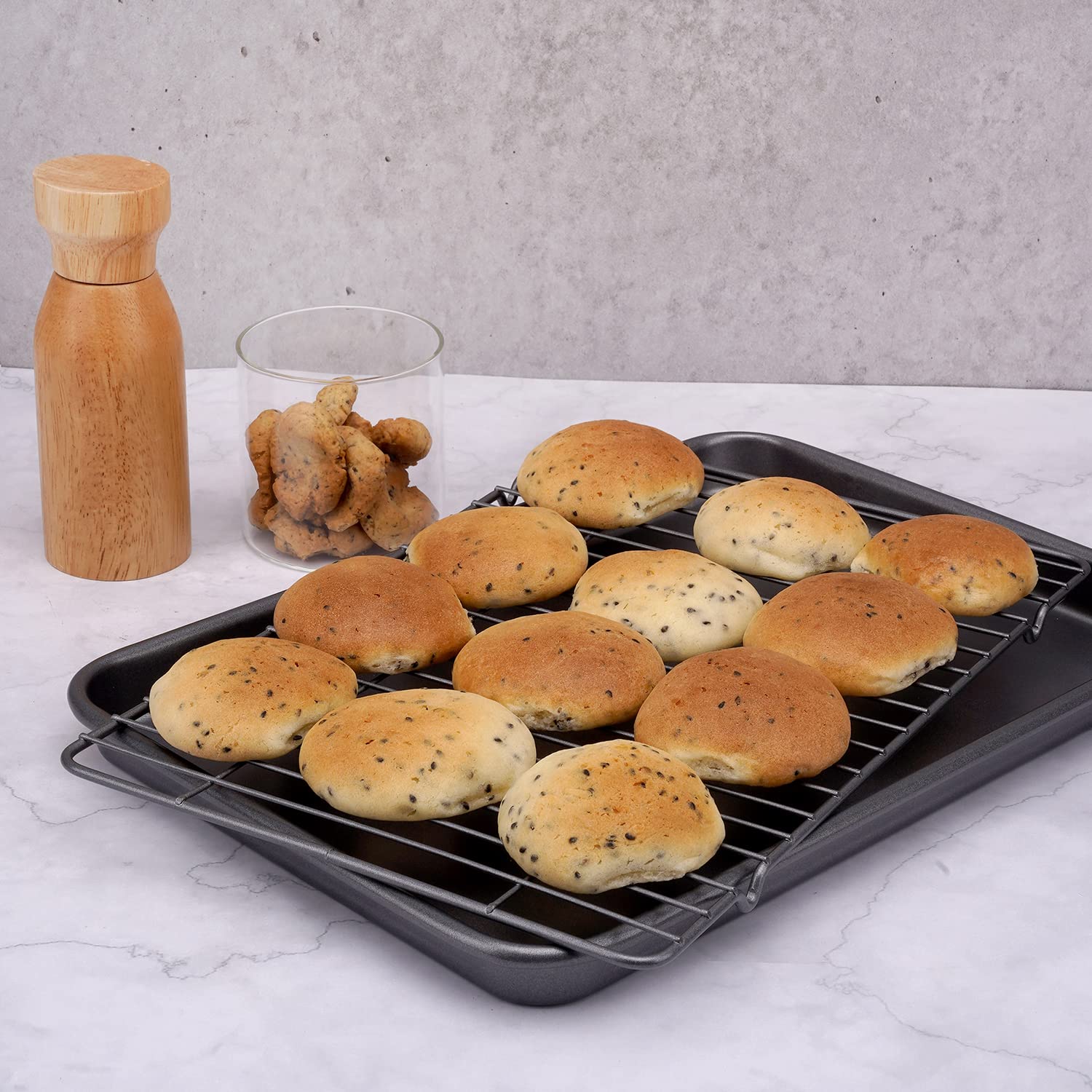 Hytk Nonstick Quarter 1/4 Cookie Baking Sheet Pan With Cooling Rack 13.58X 9.84 Inch (Inner 12.8X9.06) Toaster Oven Tray Carbon