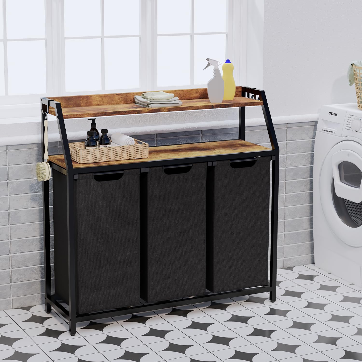 Timberer Laundry Hamper, Laundry Sorter 3 Section, Rolling Laundry Basket With Wheels, 2 Shelves, 3    14.5 Gal, Pull-Out And Re