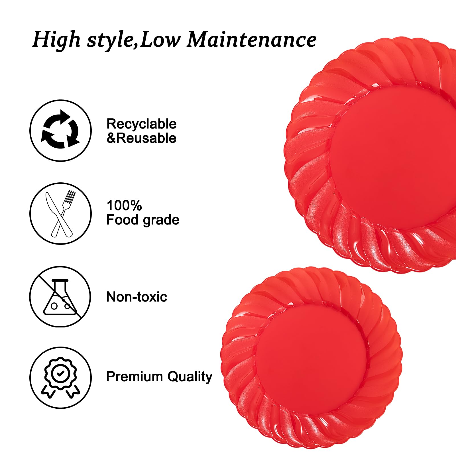 U-Qe 100Pcs Red Plastic Plates - Red Scalloped Plastic Plates For Party - Heavy Duty Red Valentines Plates Disposable Include 50