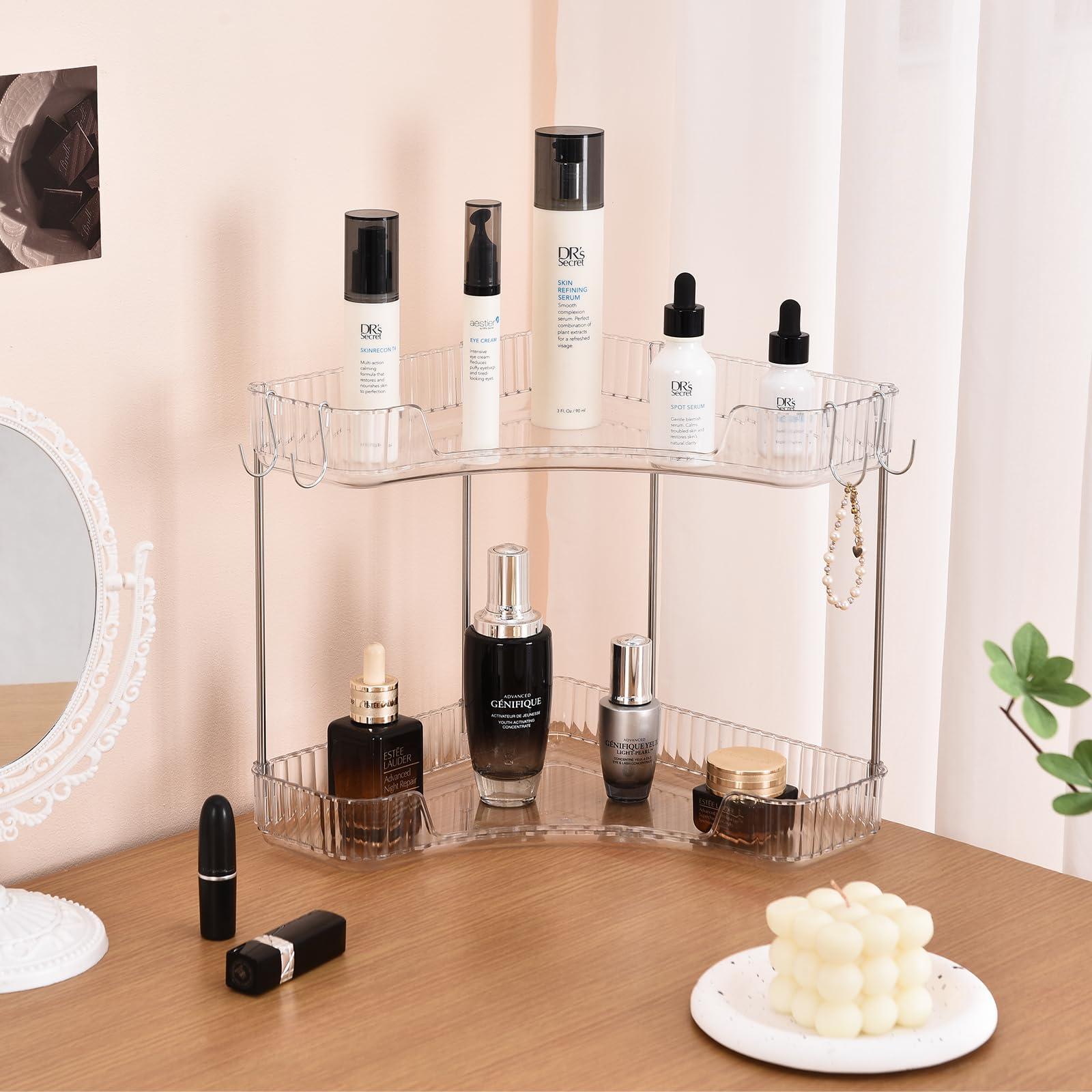 Trdongxu 2 Tier Plastic Bathroom Sink Organizer with Hooks, Corner Bathroom Counter Organizer Makeup Storage Vanity Tray for Cou