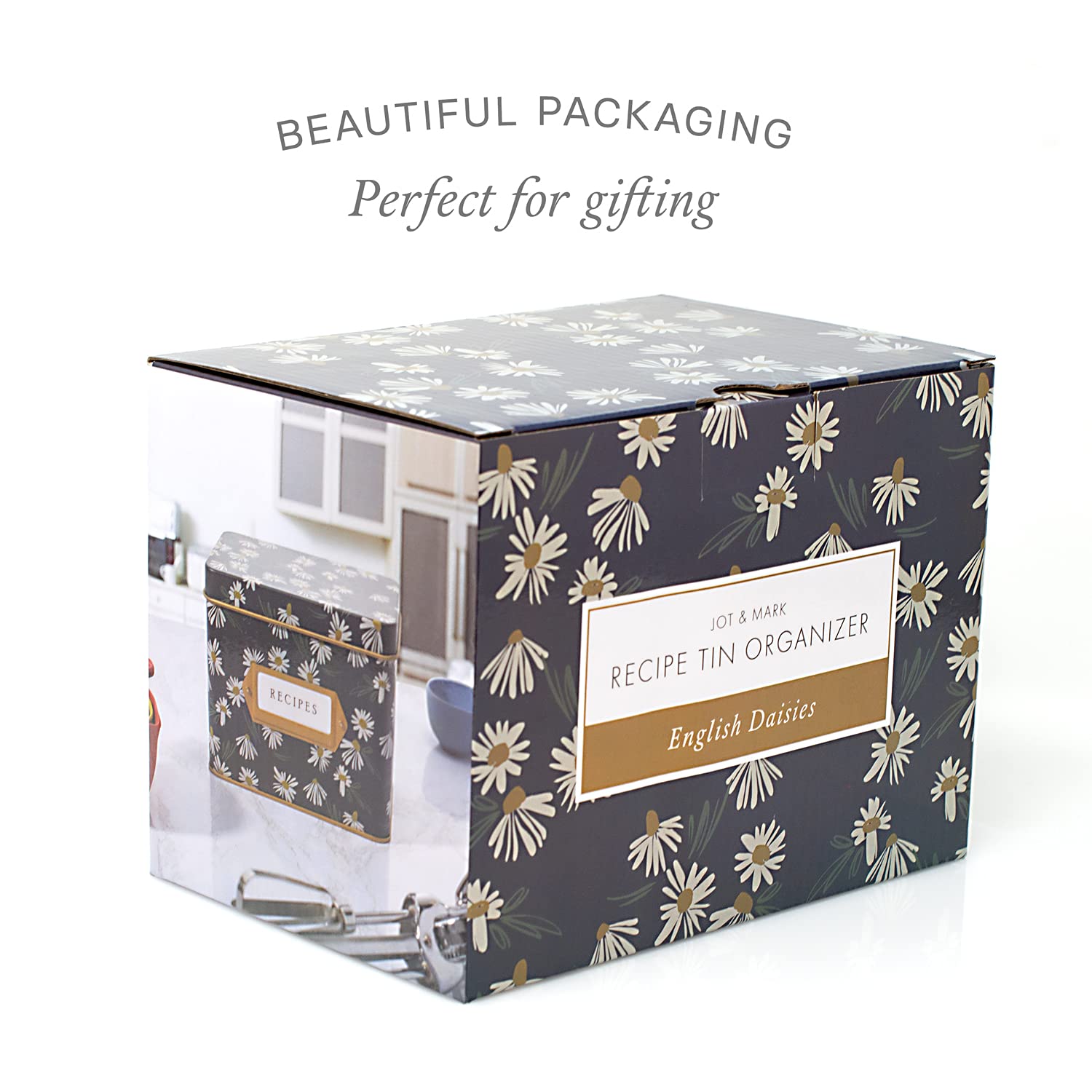 Jot & Mark Decorative Recipe Tin Box For Recipe Cards, Greeting Card Holder 4'' X 6'' (Recipe Box Kit, English Daisies)