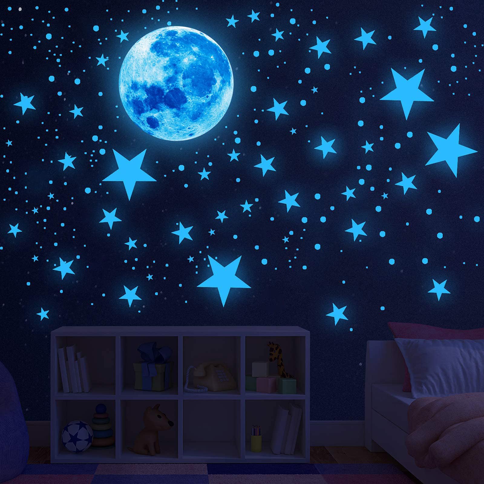 Glow in The Dark Stars for Ceiling Glow in The Dark Stars and Moon Wall Decals  1088 Pcs Ceiling Stars Glow in The Dark Kids Wall Decors  Perfect for Kids Nursery Bedroom Living Room (Blue)