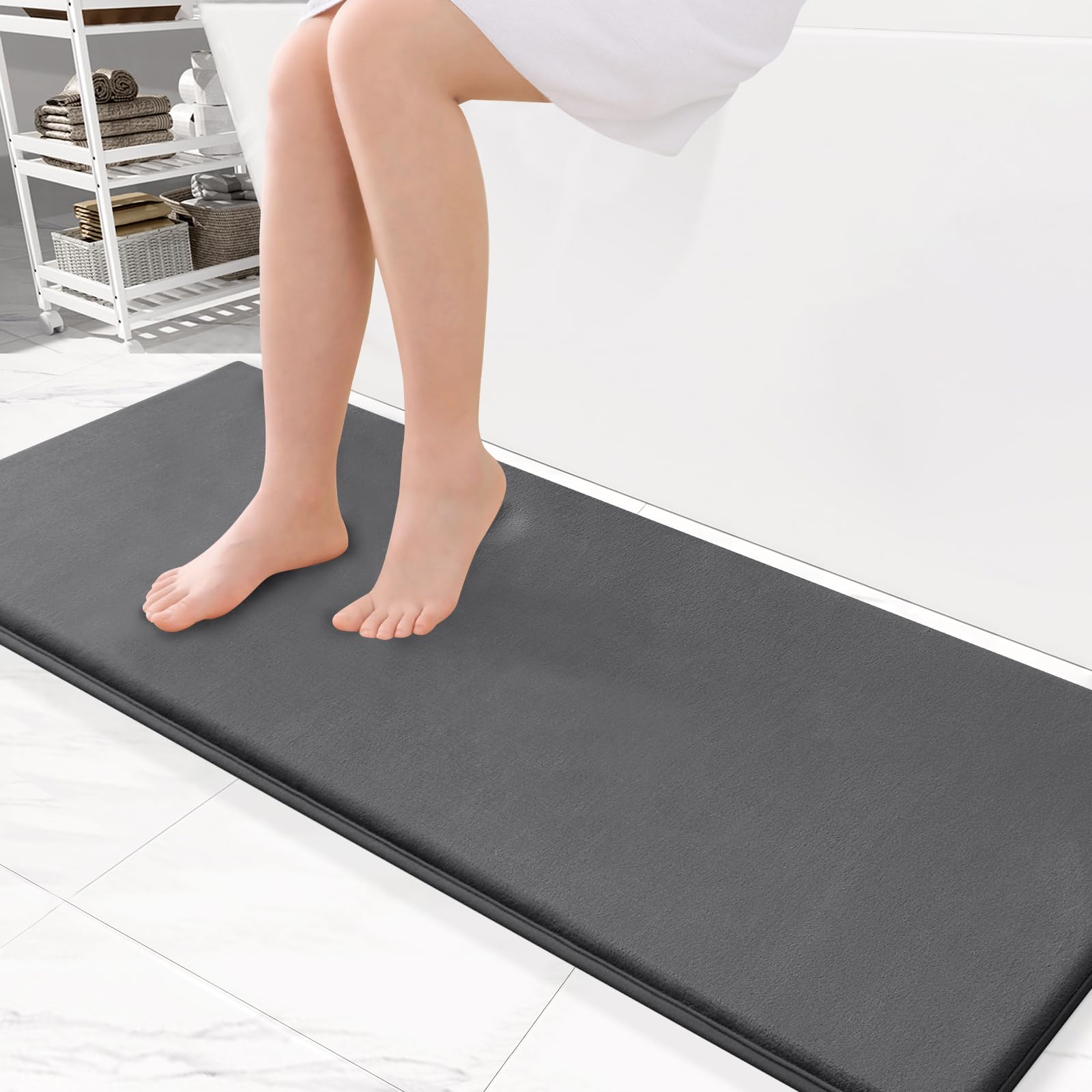 Smiry Memory Foam Bath Mat 47 x 17, Extra Soft Absorbent Bathroom Rugs Non Slip Bath Rug Runner for Shower Bathroom Floors, Dark