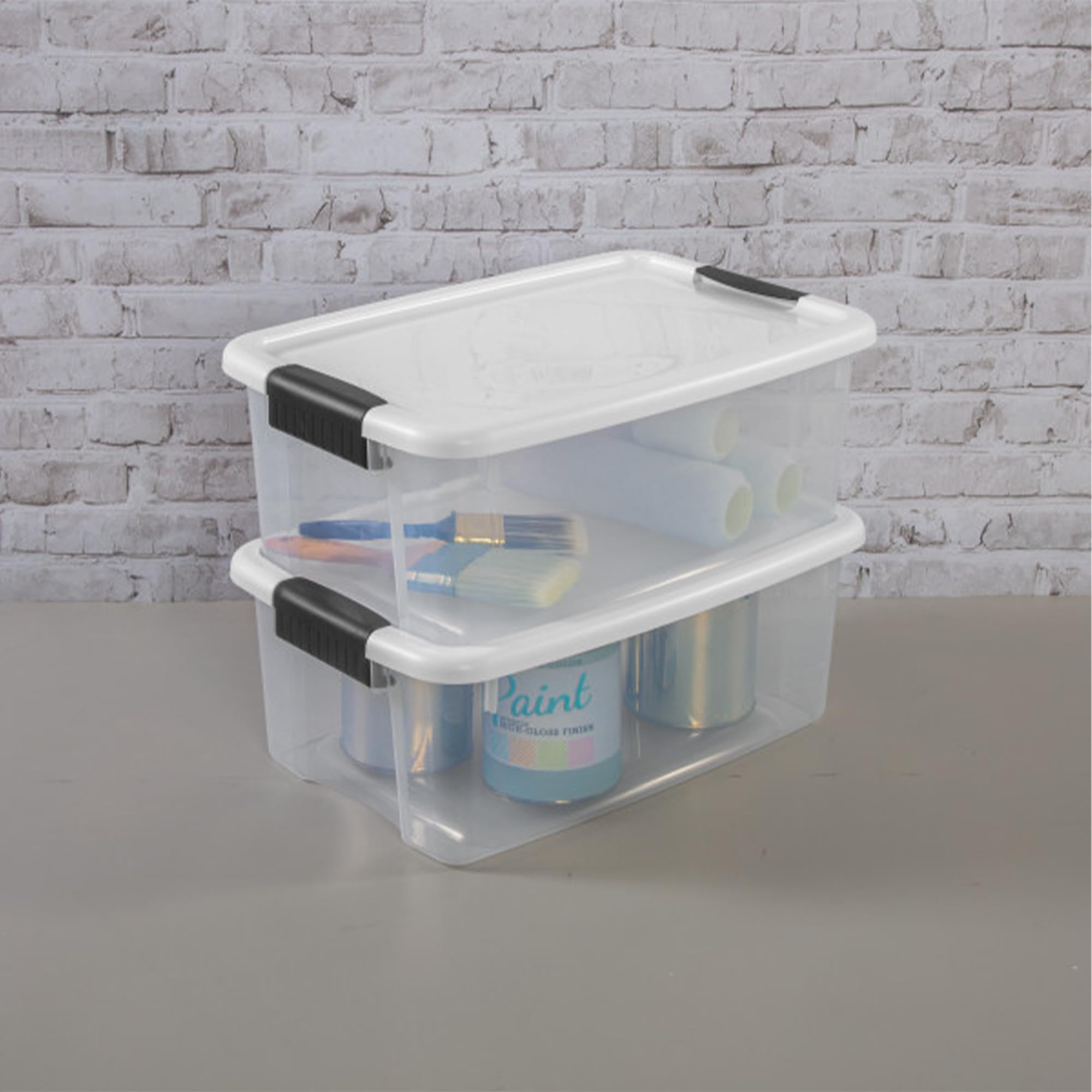 Sterilite 18 Qt Ultra Latch Box  Stackable Storage Bin with Lid  Plastic Container with Heavy Duty Latches to Organize  Clear and White Lid  6-Pack