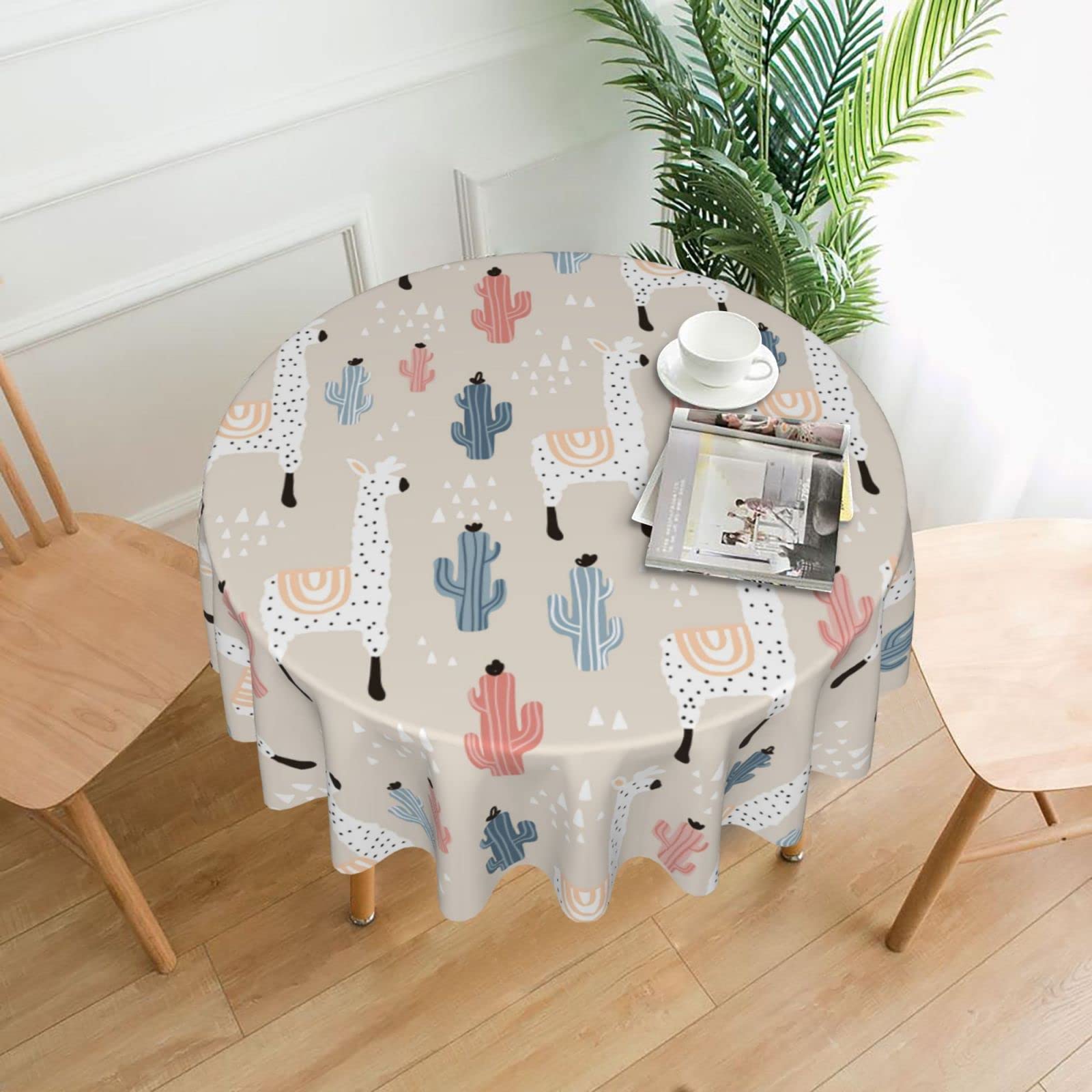 TeeryYY Animal Lama Tropical Cactus Pattern Round Tablecloth 60 inches Resistant Wrinkle Washable Table Cloth Cover for Home Di