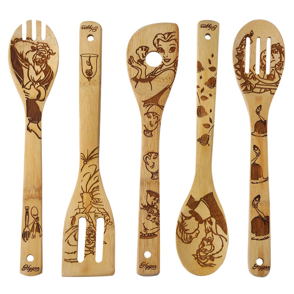 Beauty And The Beast Burned Wooden Spoons Cooking &Serving Utensils Set Bamboo Spoon Slotted Kitchen Utensil Fun Gift Idea Warmi
