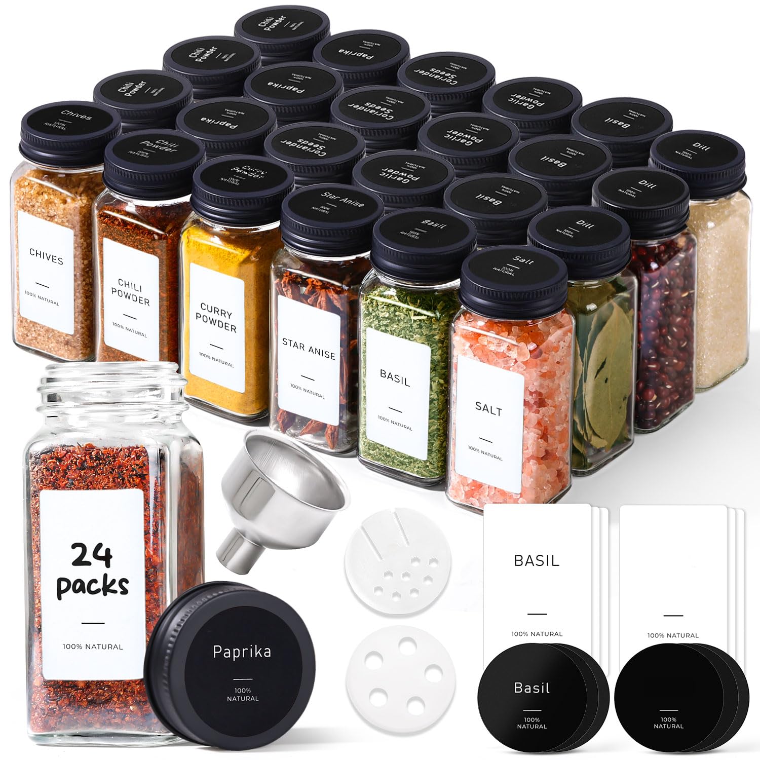 ComSaf Glass Spice Jars with Label, 24Pcs 4oz, 93 Labels, a Metal Funnel, Extra Shaker Lids, Empty Spice Containers and Square S