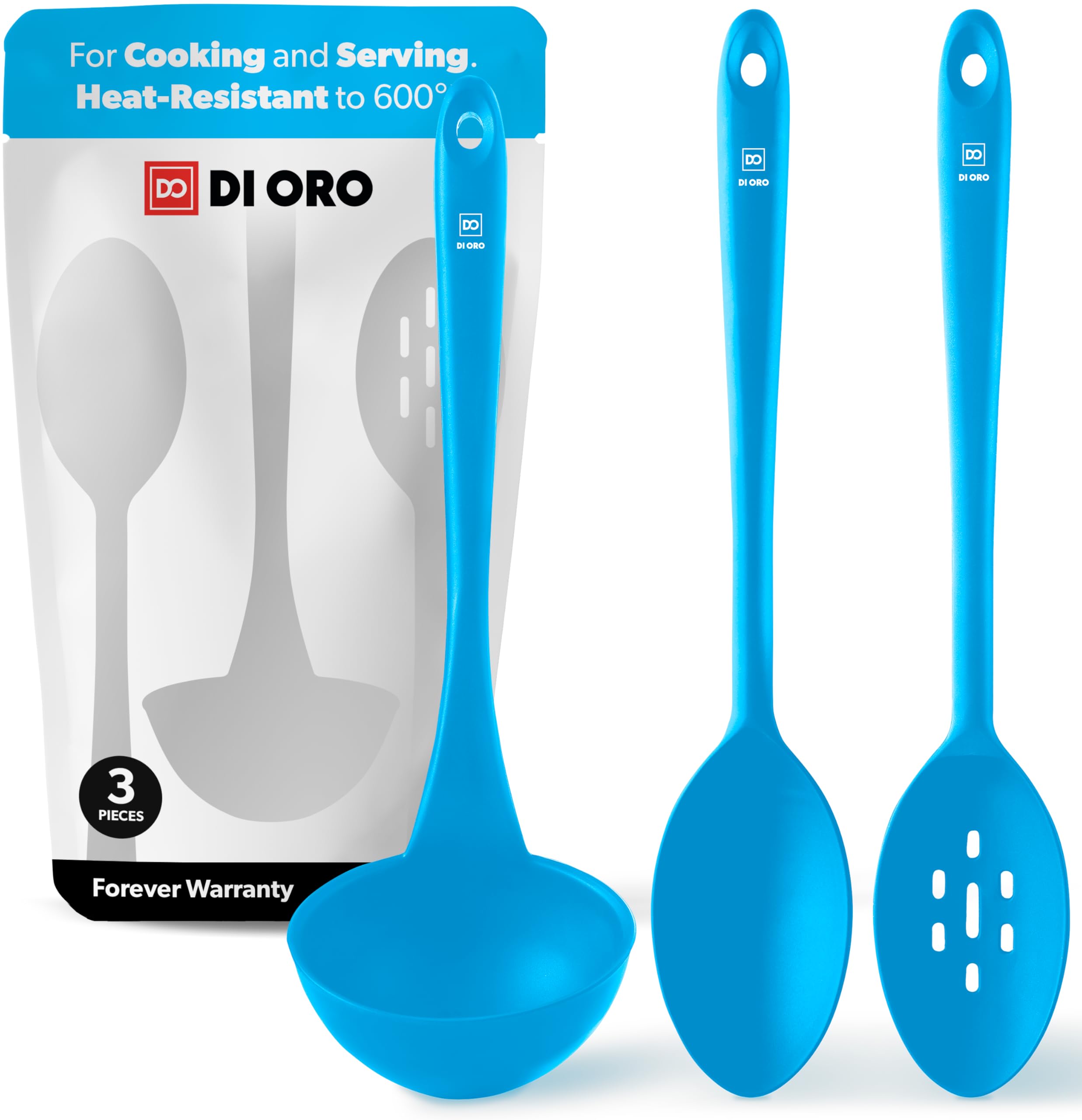 DI ORO Silicone Ladle & Cooking Spoons Set  600F Heat Resistant, Blue