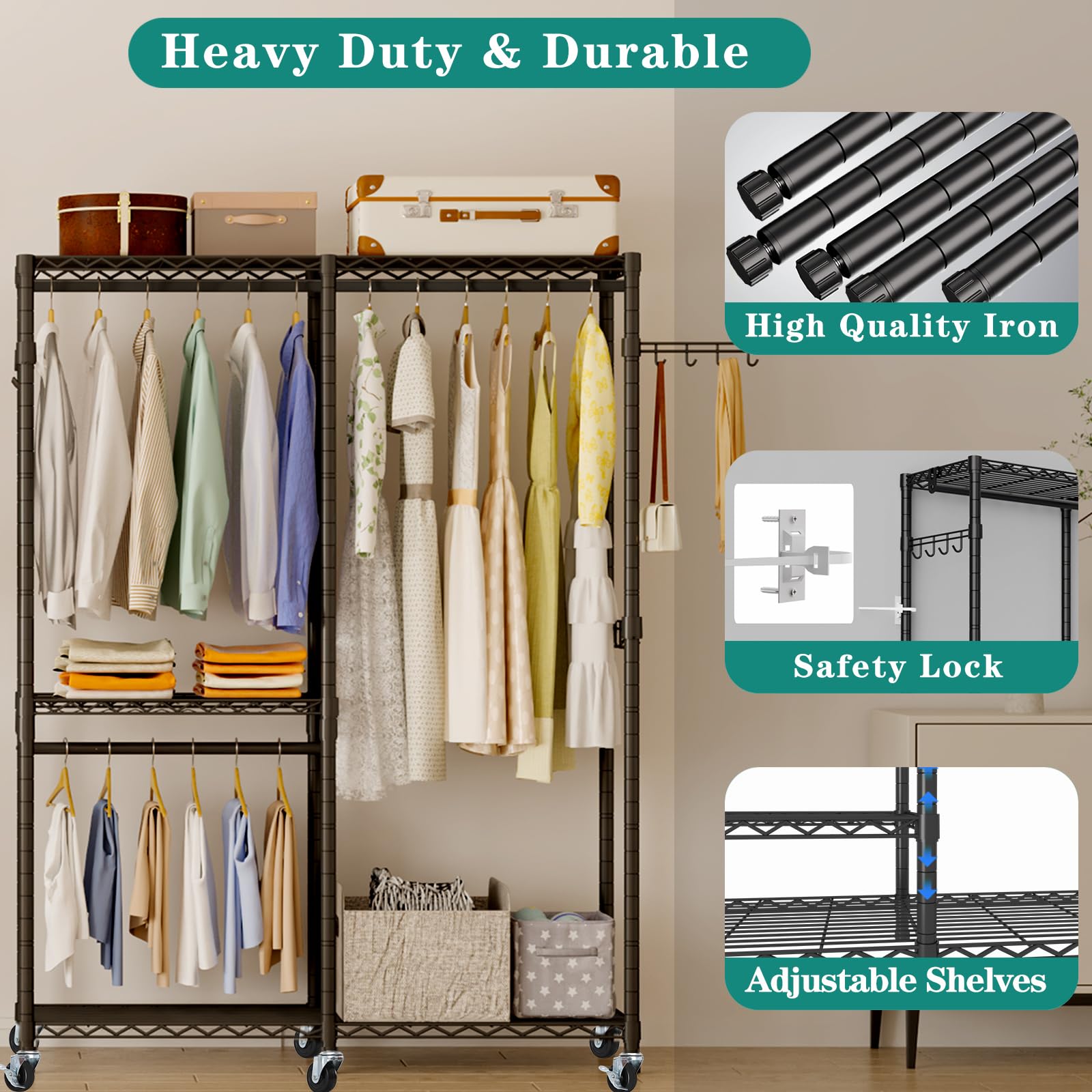 Exglobol Rolling Clothes Rack, Heavy Duty Garment Rack For Hanging Clothes, Wire Adjustable Rolling Clothing Rack With Lockable