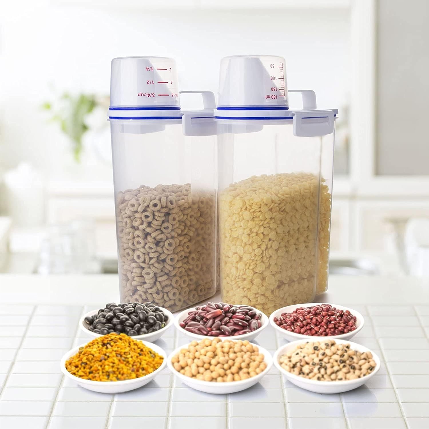 Primechoice Rice Dispenser Storage Container, BpaFree Plastic, Airtight, 2 Litre, With Measuring Cup & Pour Spout, For Cereal, 