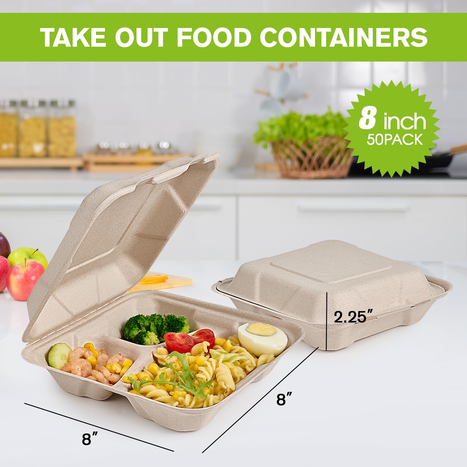 ECOLipak 50 Pack Clamshell Take Out Food Containers  100% Compostable Disposable To Go Containers  8X8 3-Compartment Heavy-Duty To Go Boxes Eco-Friendly Biodegradable To Go Containers For Food