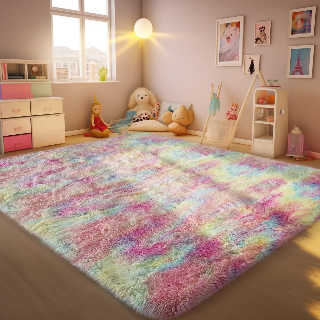 Ophanie Rainbow Colorful Area Rugs for Bedroom Girls, Unicorn 4x6 Carpet Fluffy Fuzzy Furry Shag, Plush Soft Cute Kids Baby Shag