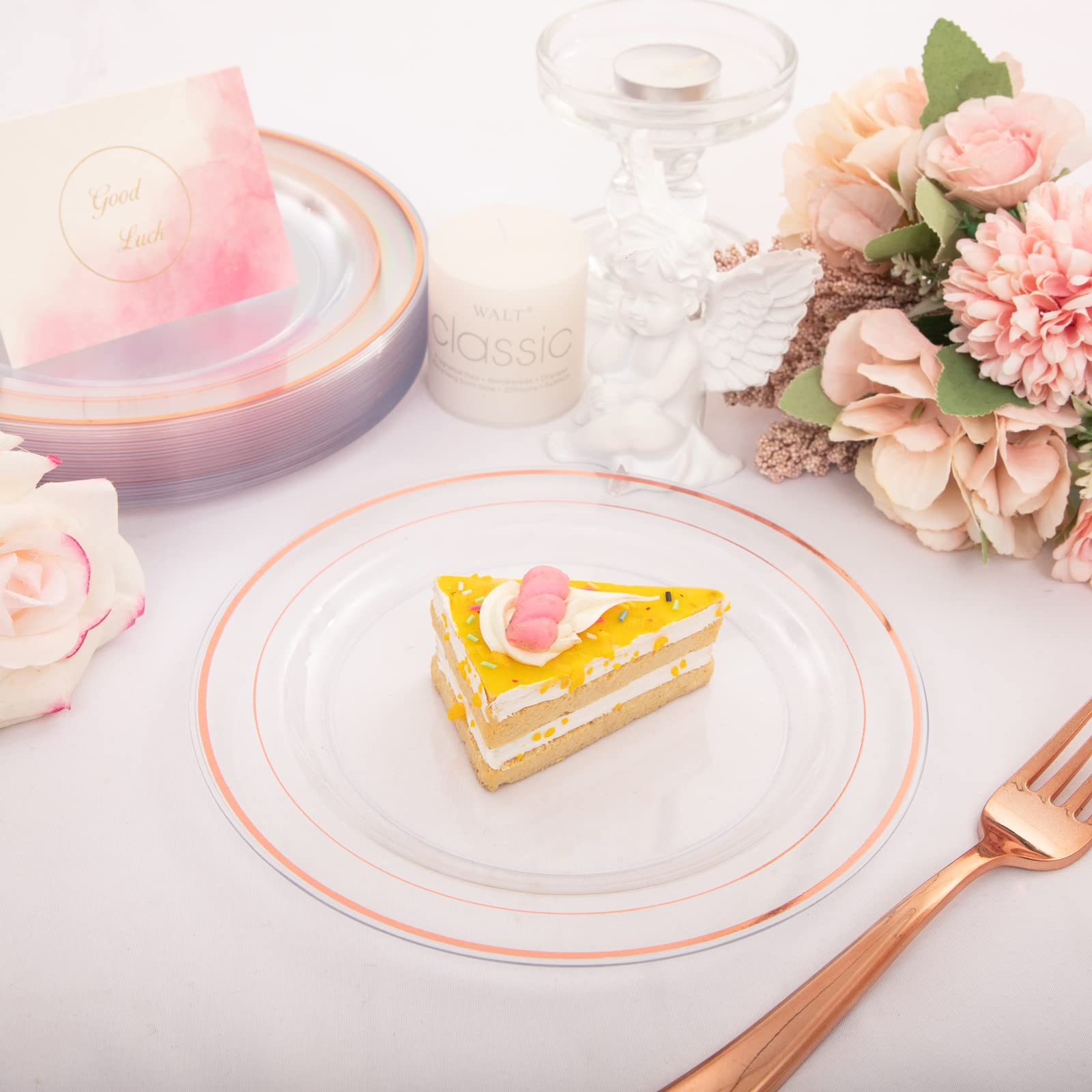 I00000 Rose Gold Plates 72 Pieces & Plastic Forks 72 Pieces, Small Valentine Plates 7.5 Inch, Premium Plastic Dessert Plates And