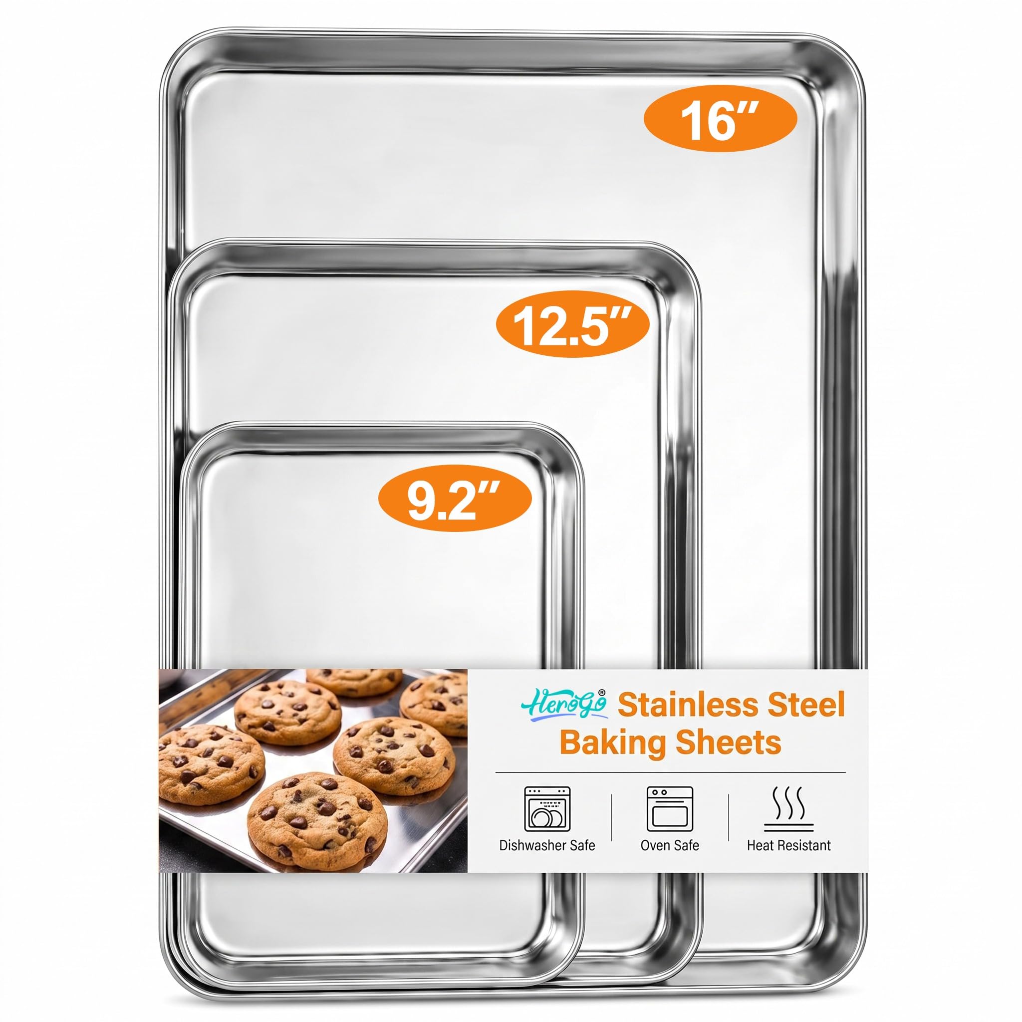 Herogo Baking Sheets Set of 3, Stainless Steel Cookie Sheet, 16/12/9 Inch