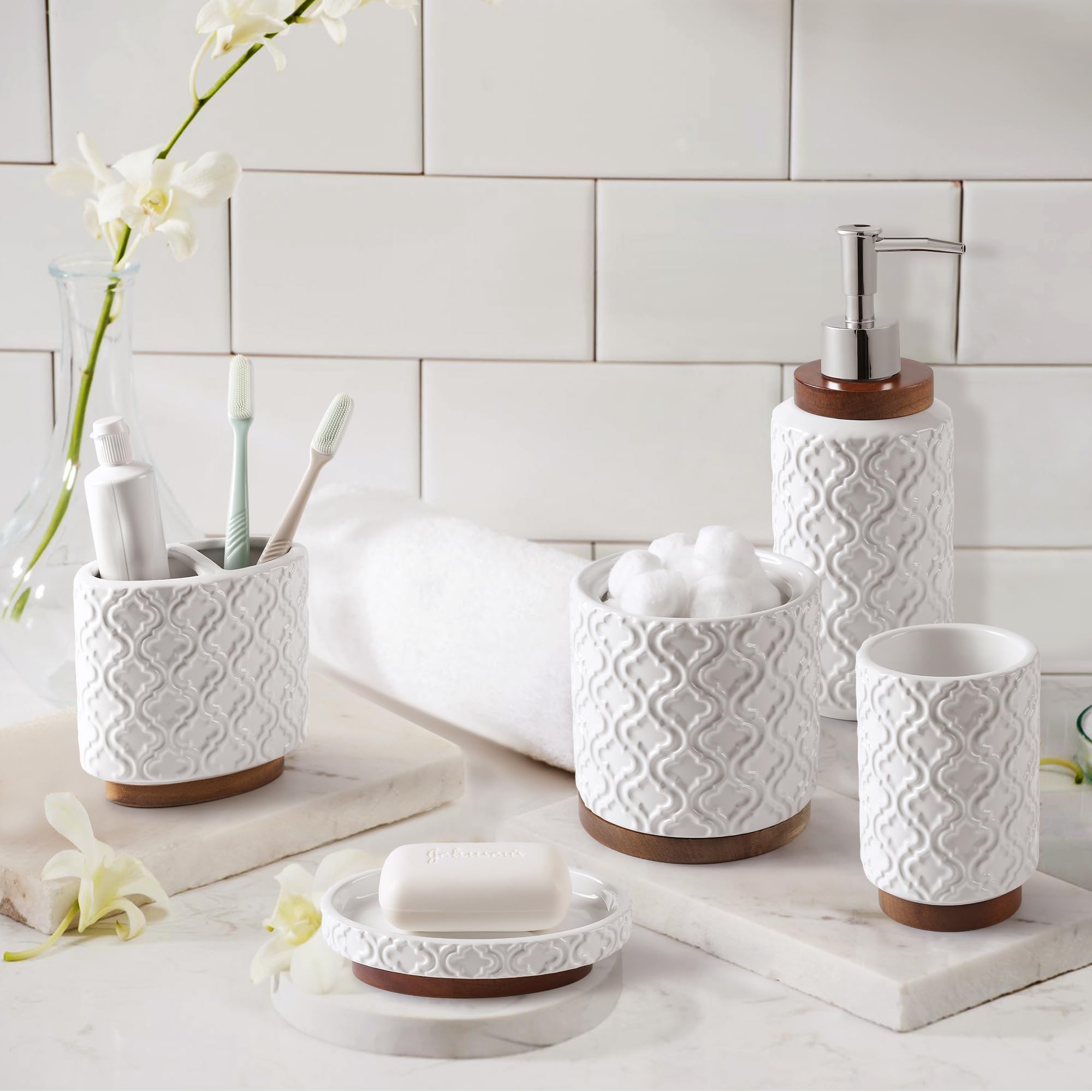 Rqyixi Bathroom Accessories Set 5 Pieces Toothbrush Holder Soap Dispenser Ceramic Bathroom Accessory Set Contain Cotton Swab Jar