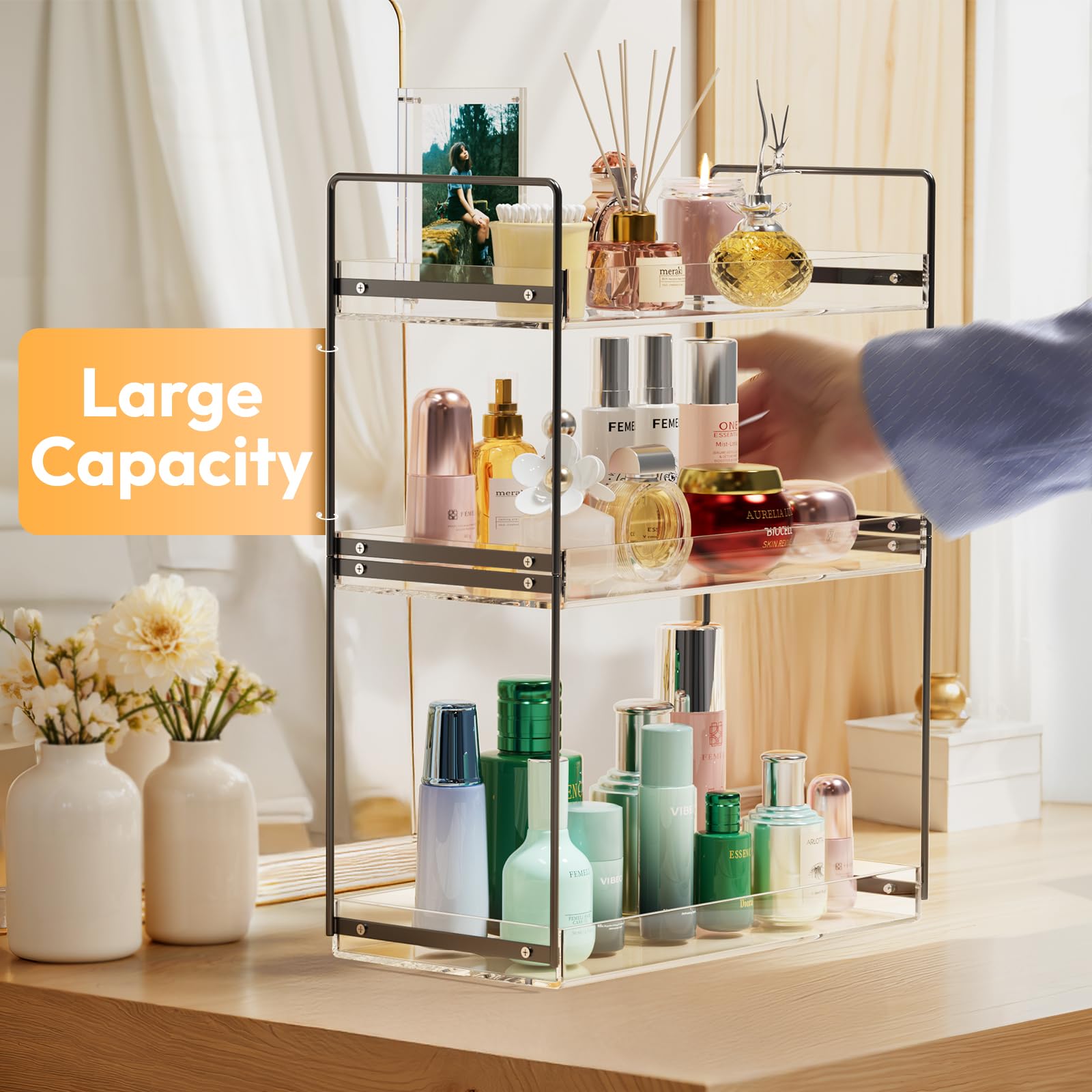 NPPLUS Bathroom Countertop Organizer  3 Tier Metal Vanity Counter Skincare Shelf  Matte Black Under Sink with Acrylic Tray  Home Storage Holder for Makeup Cosmetics Perfume Spice Black+Clear