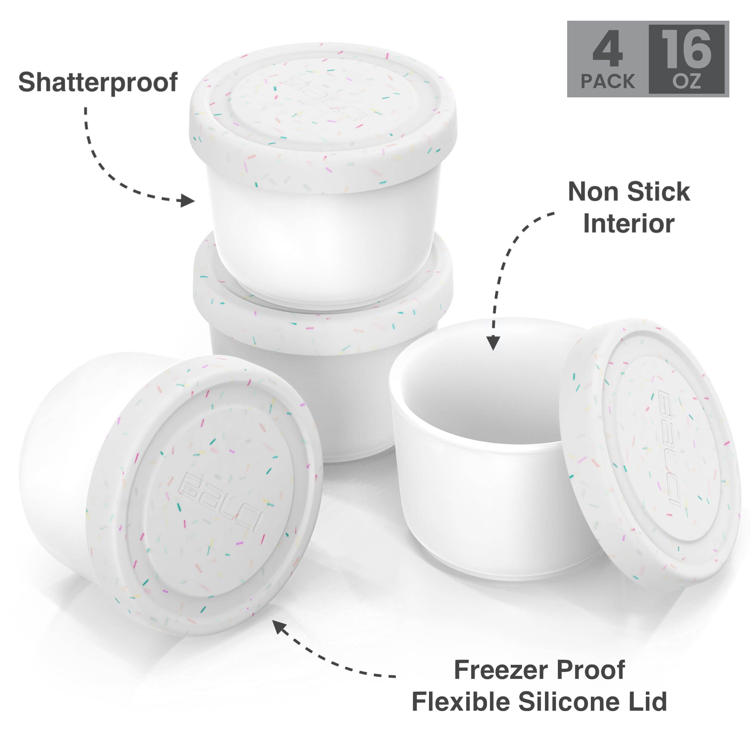 Balci - 16Oz Ice Cream Containers With Silicone Lids (Set Of 4) - 1 Pint Each Freezer Food Storage Containers, Reusable, Leakpro