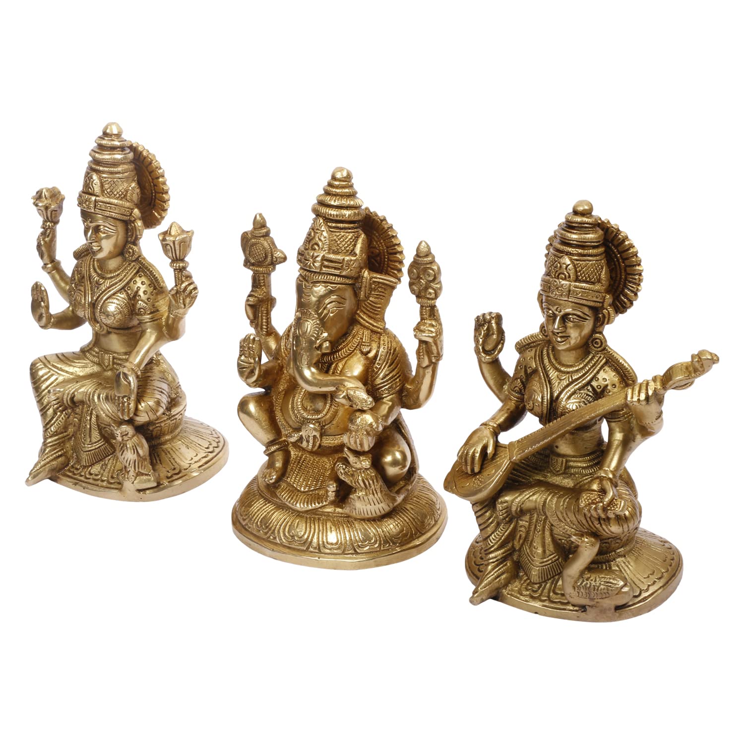 Kartique Brass Laxmi Ganesh Saraswati Bhagwan Idol Ganpati Murti Metal Statue For Home Office Success Entrance Decor Pooja Good