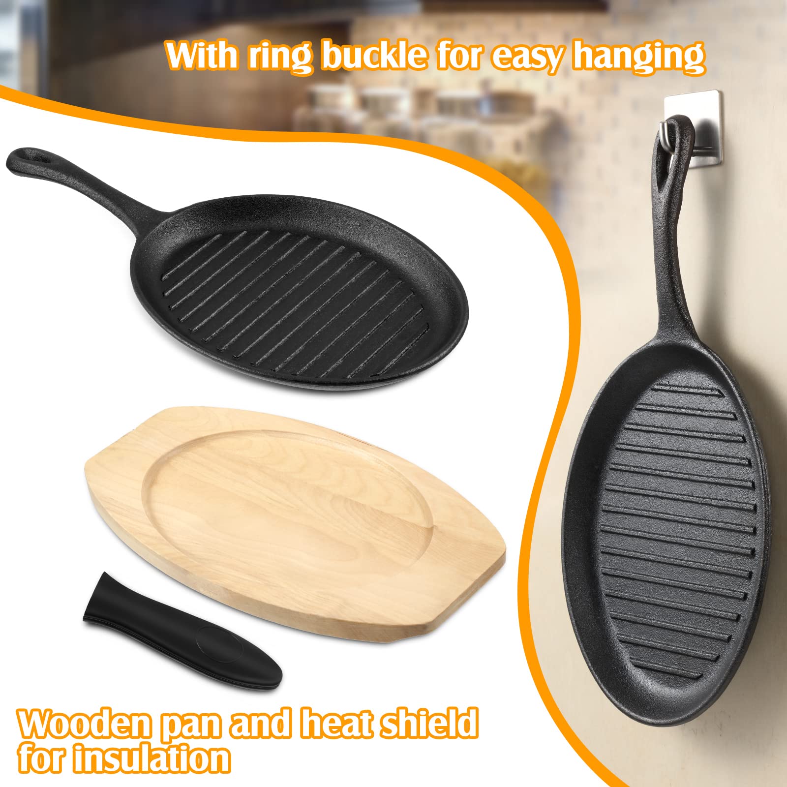 Tanlade 3 Sets Cast Iron Skillets Pre Seasoned Fajita Pan Heavy Duty Construction Sizzling Plates With Wooden Base And Silicone