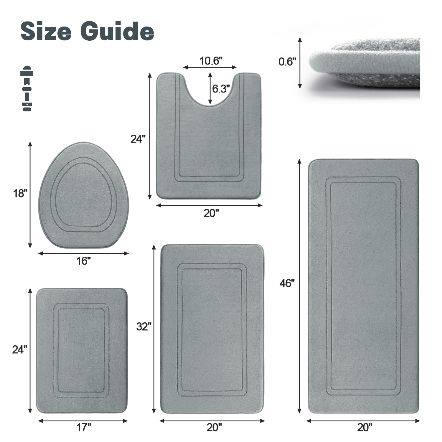 Yihouse Light Grey Memory Foam Bathroom Rug Set 5 Piece, Absorbent Bathroom Mat Set, Nonslip Bath Mat For Bathroom Washable Dry