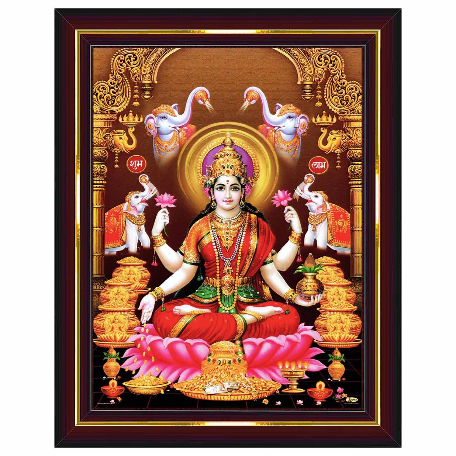 Pavan Photo Laminations Goddess Lakshmi Devi Dhana Vaibhav Laxmi Maa Wall Painting Framed Home Decor (Wood,Matte,Brown,Small Siz