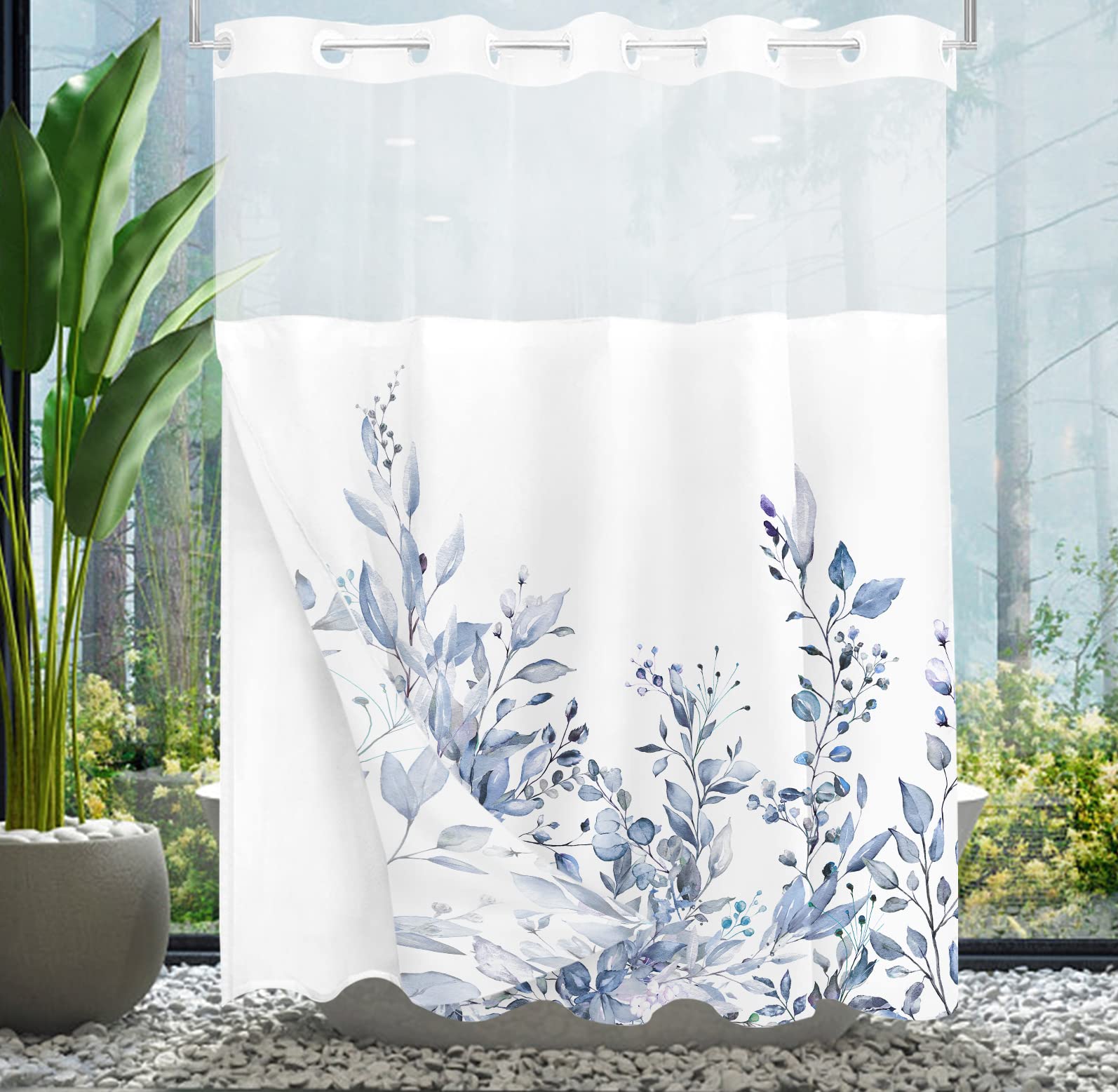 Tititex No Hooks Snap In Liner Serenity Lake Blue Eucalyptus Leaves Shower Curtain Sets, Hotel Luxury Double Layers Waterproof F