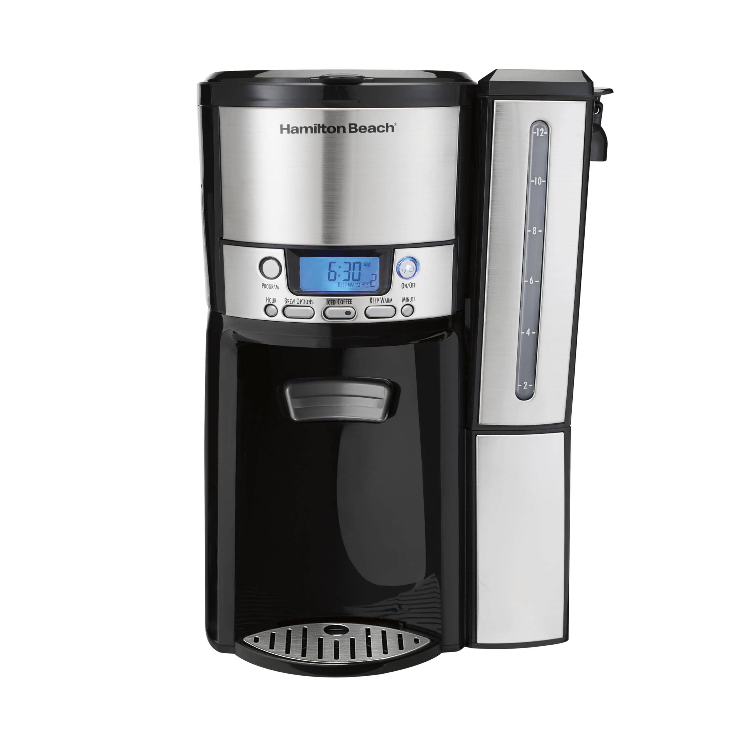 Hamilton Beach One Press Programmable Dispensing Drip Coffee Maker With 12 Cup Internal Brew Pot, Water Reservoir, Black And Sil