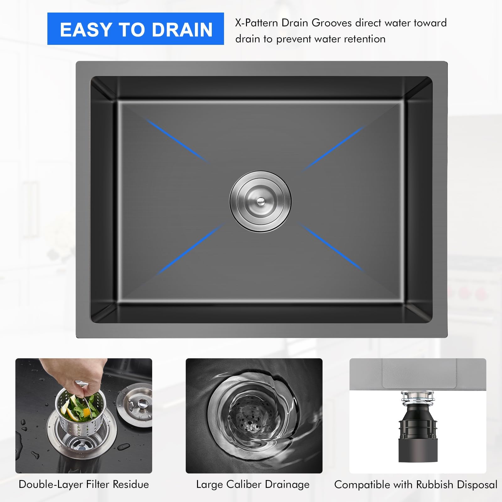 MENATT 24-inch Undermount Kitchen Sink  SUS304 Stainless Steel Handmade Single Bowl Kitchen Sink with Sink Strainer  24''x18''x9'' (Brushed)