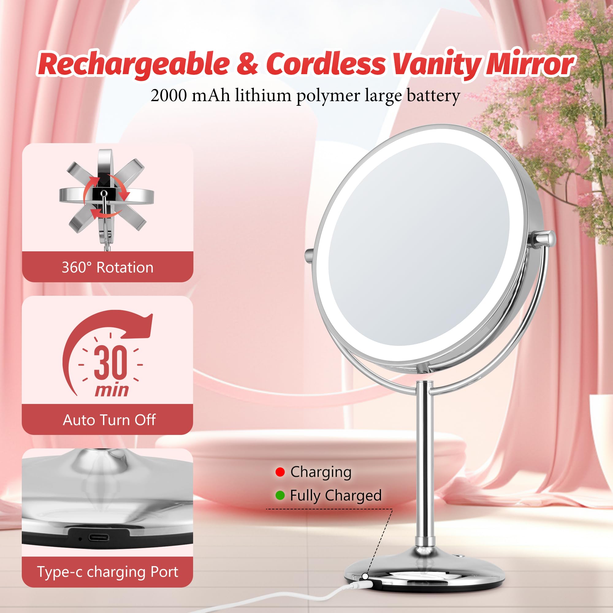 Magnifying Makeup Mirror With Light: 9'' Large 1X/10X Lighted Makeup Mirror, Double Sided Vanity Tabletop Mirror 360Rotation & A
