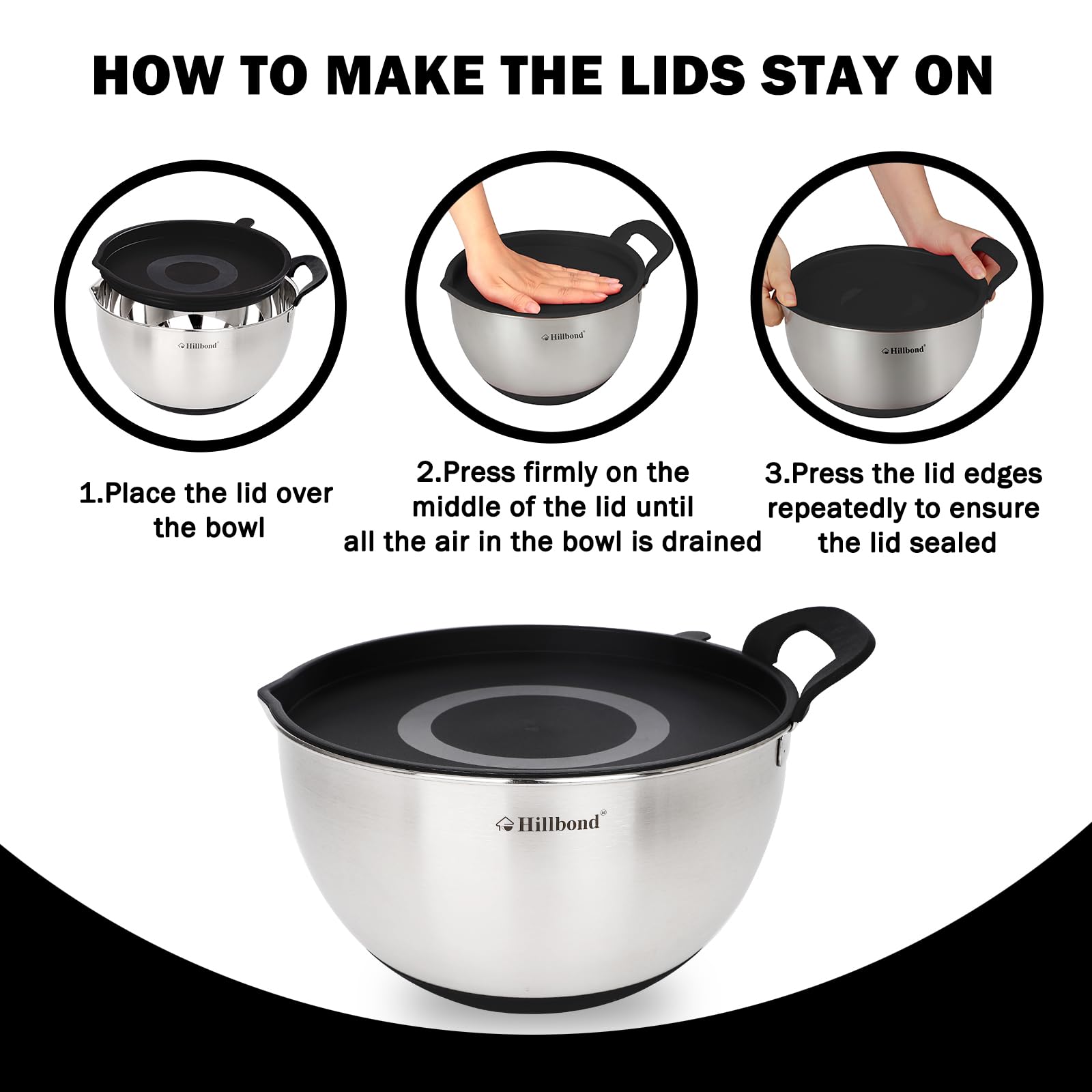 Hillbond Stainless Steel Bowls With Lids Set Mixing Bowls With Pour Spout, Silicone Handle And Non-Slip Bottoms For Baking, Cook