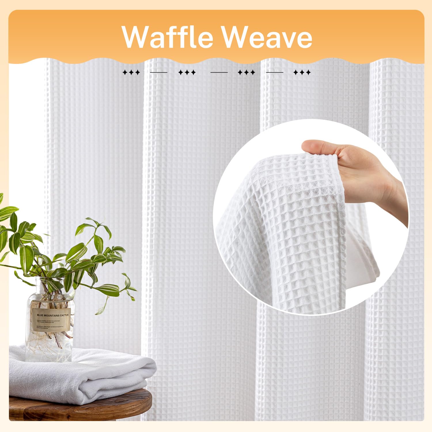 River Dream White Fabric Shower Curtain Set  Cotton Blend  Waffle Weave  with Snap in Replacement Liner 71 x 86 inches