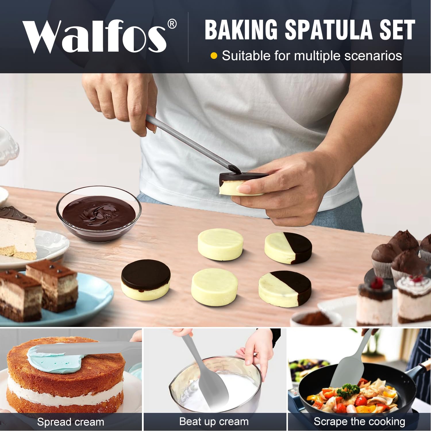 Walfos Silicone Spatula Set (7Pcs) - 600? Heat Resistant Silicone Scraper Spatulas With Stainless Steel Core, Non Stick Flexible