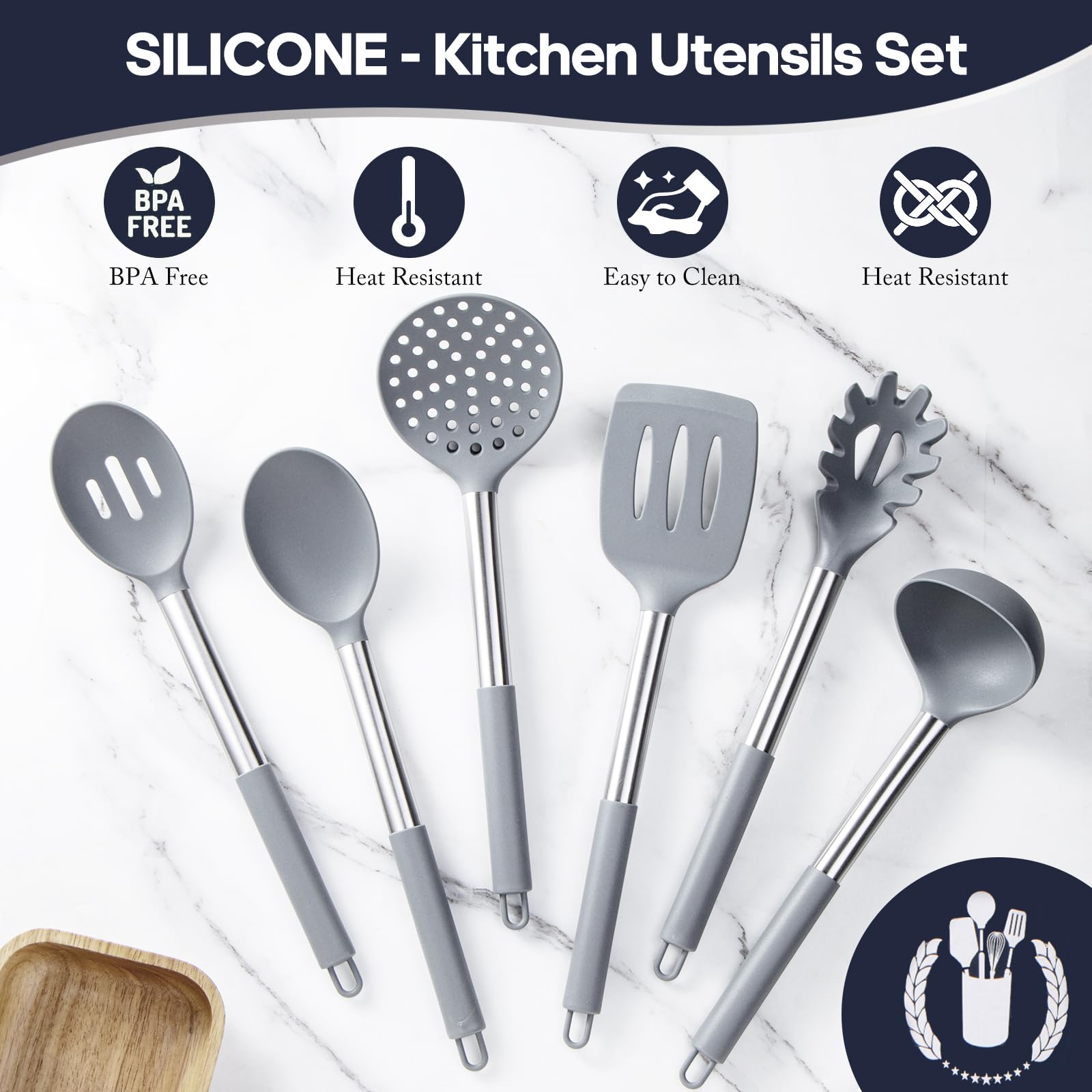 Silicone Kitchen Utensils Set - Culinary Couture 6-Pieces Grey Silicone Cooking Utensils Set For Nonstick Cookware - Stainless S