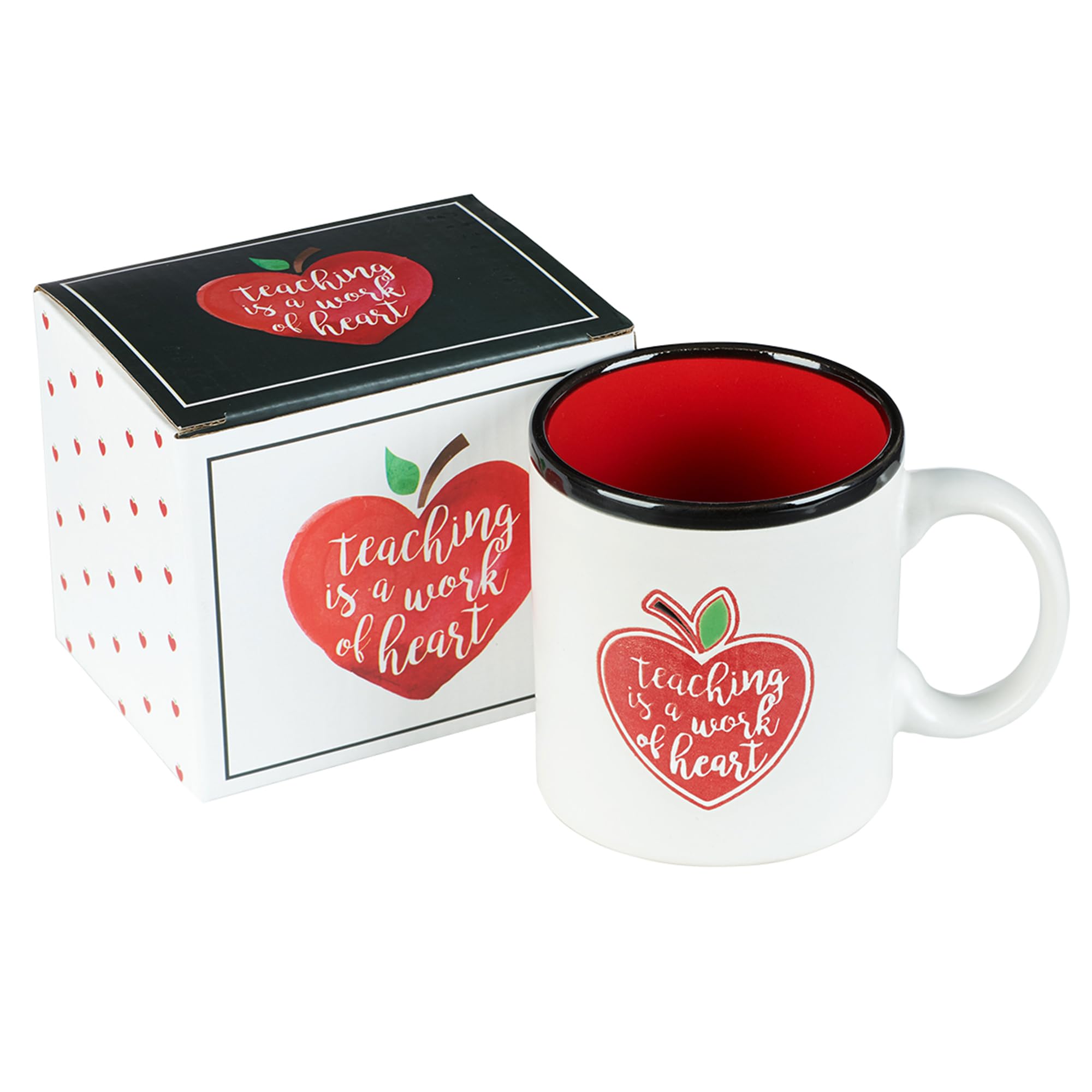 Teaching is a Work of Heart Coffee Mug  w/Red Heart Apple  Teacher Appreciation End of Year Gift  13 oz White Ceramic Microwave Dishwasher Safe