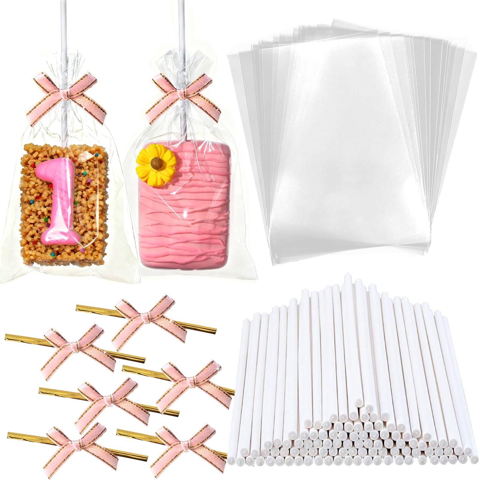 100PCS Rice Crispy Treat Bags 4x6in with Sticks and Ties Bow, Clear Cellophane for Rice Krispies Individually Wrapped Cake Pop B