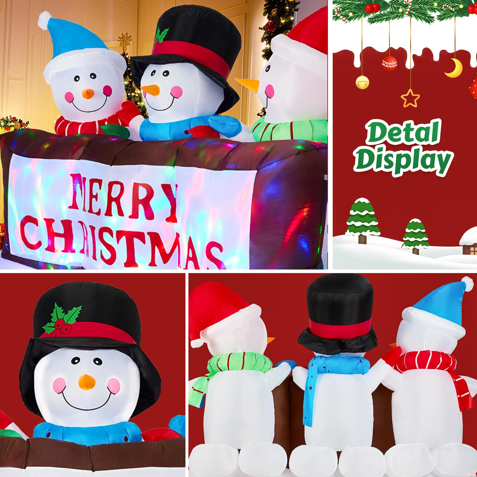 SOLLED 8 FT Christmas Inflatables Snowman with Rotating RGB Lights, 3 Blow Up Snowmen Holding Merry Christmas Sign, Outdoor Yard