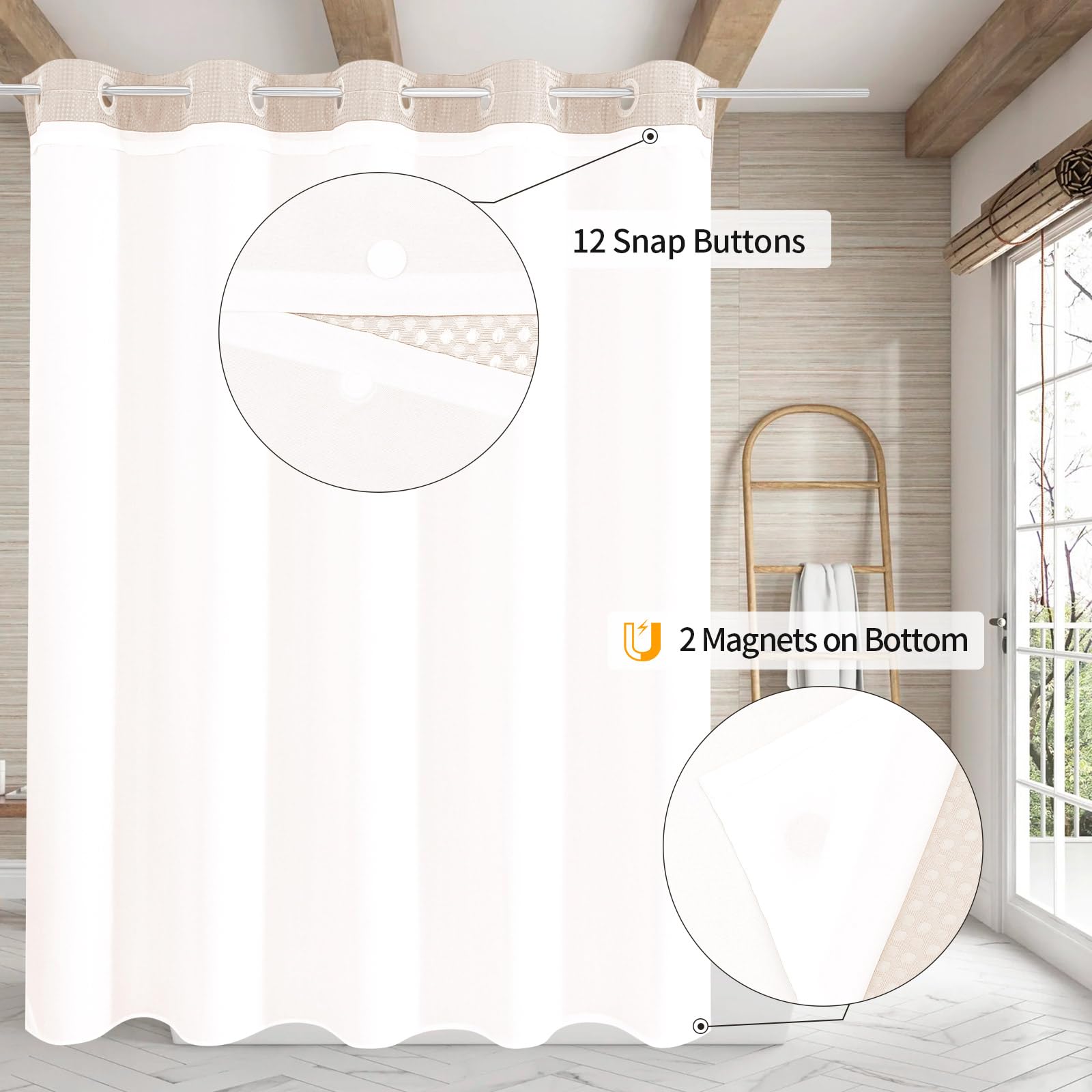 Mitovilla No Hooks Needed Extra Long Shower Curtain Set With Snap-In Liner, Pink 86 Inch Xl Heavyweight Waffle Fabric Cloth Show