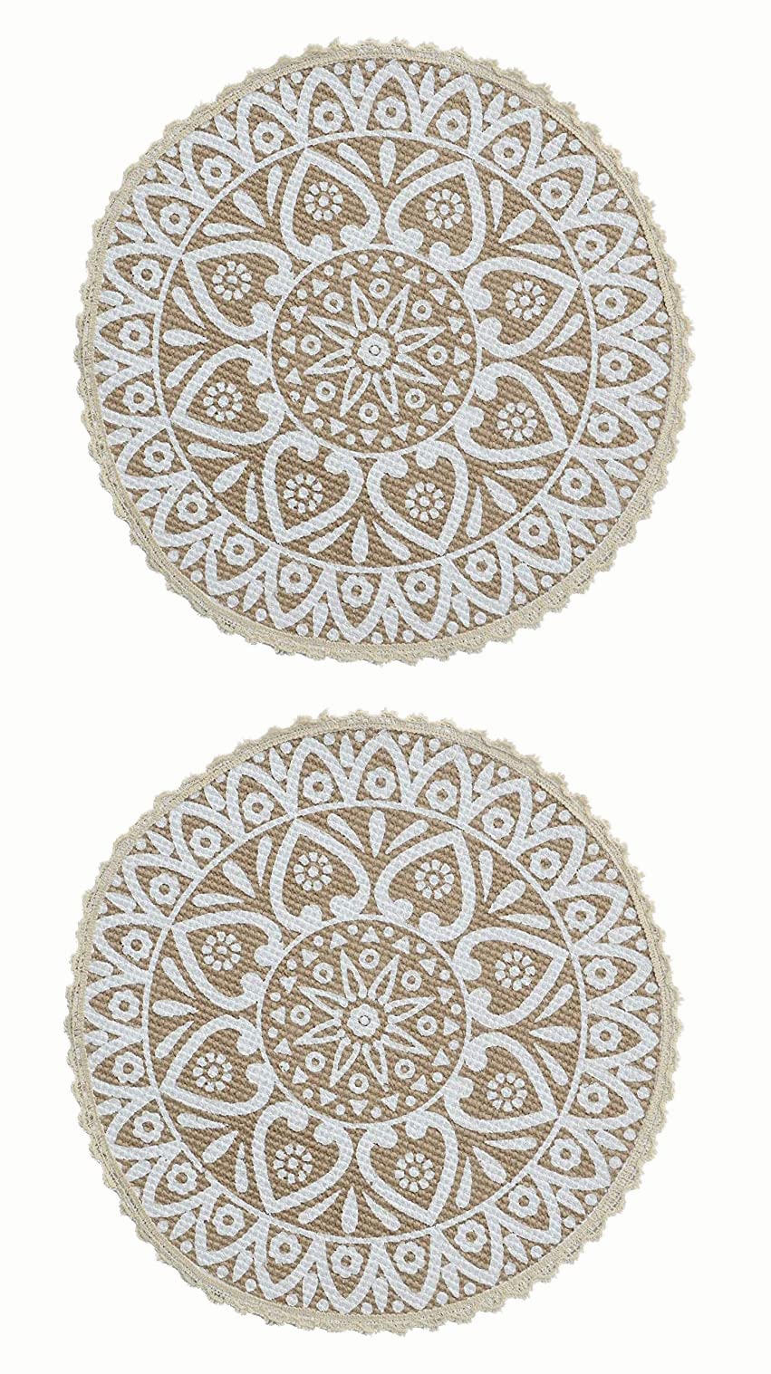 SARAL HOME EASY LIVING Jute And Cotton Crochet Antiskid Printed Round Table Mat | Placemats For BedSide Table, Center Table, Di